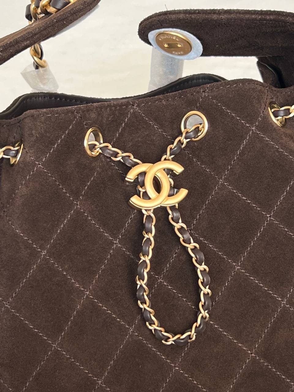 Chanel Dark Brown Suede Diamond-quilted CC Drawstring Tote Chain Bag