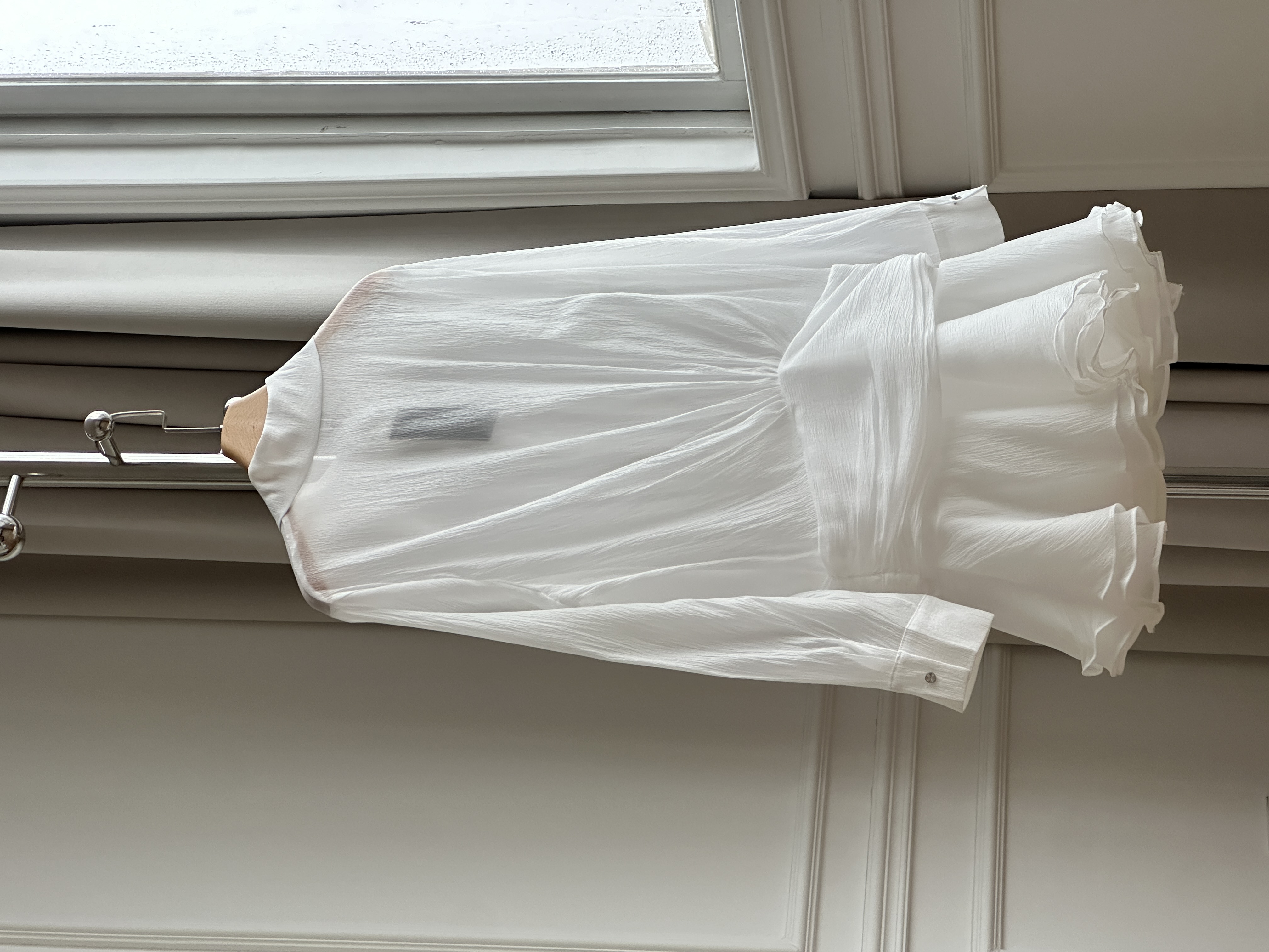 White Crinkled Texture Big Point Collar Waist Tie Ruffle Hem Shirt Mini Dress