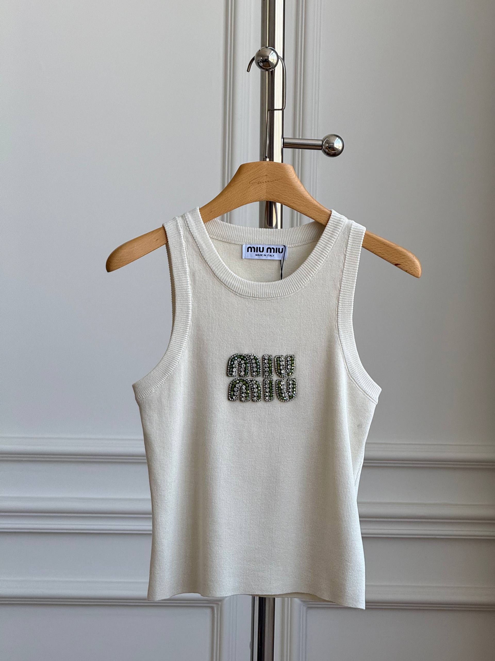 Miu Miu Crystal-Embellished Logo Knit Tank Top
