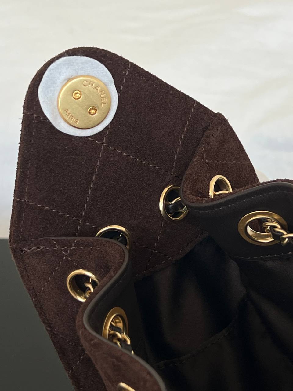 Chanel Dark Brown Suede Quilted CC Lock Drawstring Chain Hobo Underarm Bag