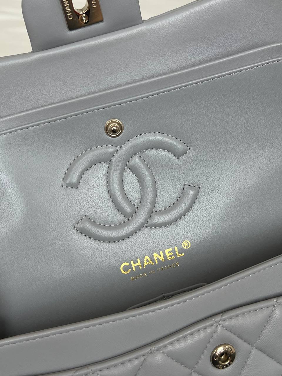Chanel Light Grey Lambskin Quilted Classic Flap Top Handle Bag