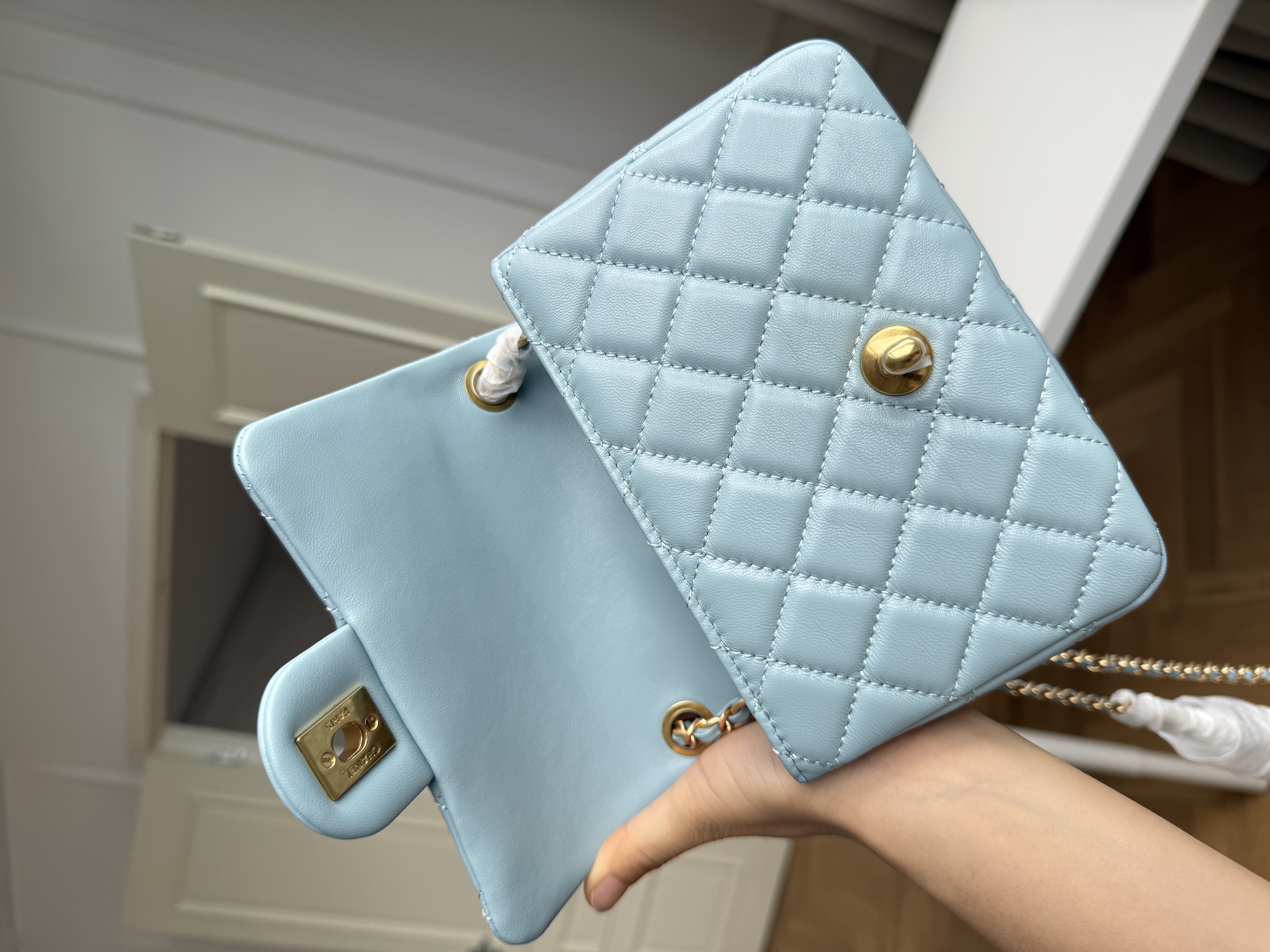 Chanel Baby Blue Lambskin Mini Classic Flap Gold CC Chain Bag