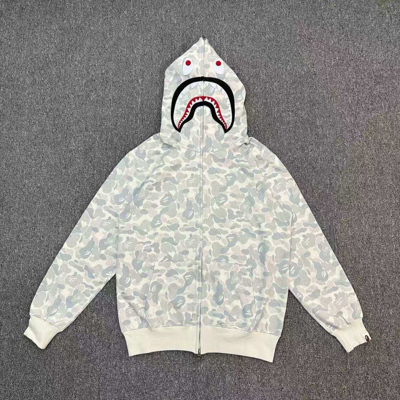1:1 best quality Bape embroidered camouflage hooded coat with shark hat-white