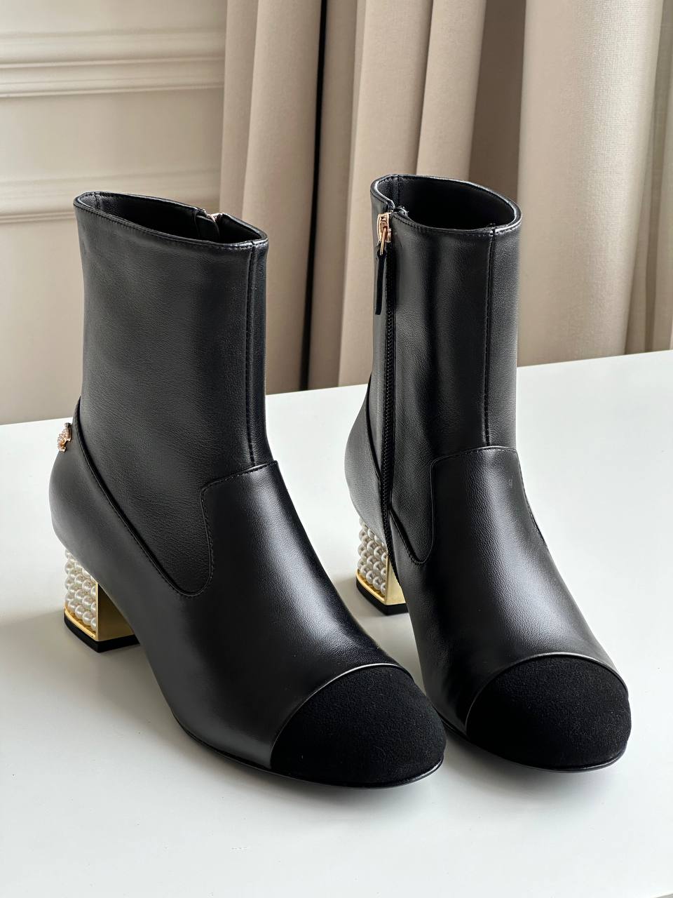 Black Smooth Calfskin Suede Toe Pearl Block Heel Side Zipper Peep Toe Ankle Boots