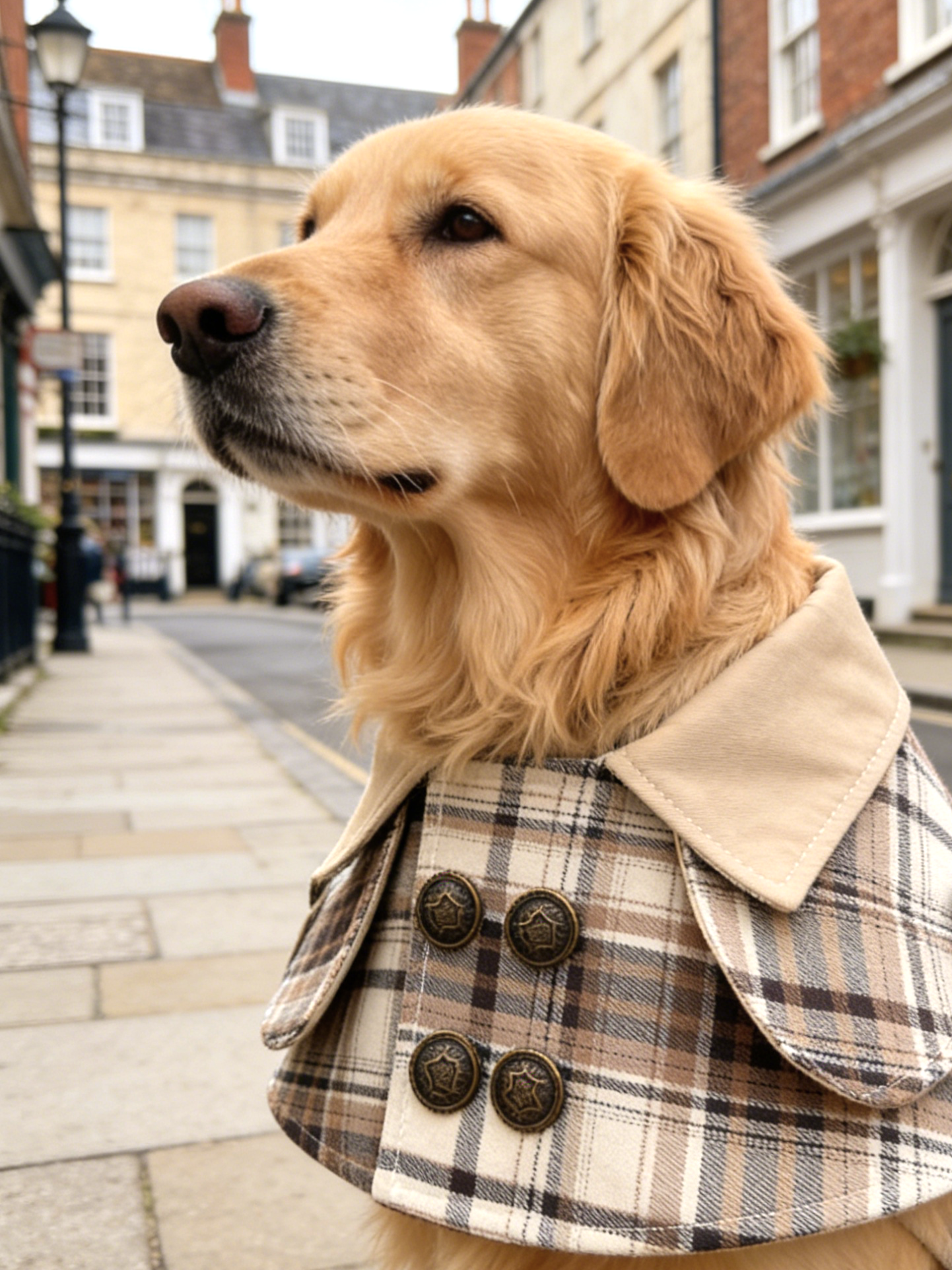 Vintage Plaid Dog Cape Coat British Style Lapel Double Breasted Pet Cloak with Button Decor - MAISONKAIRON