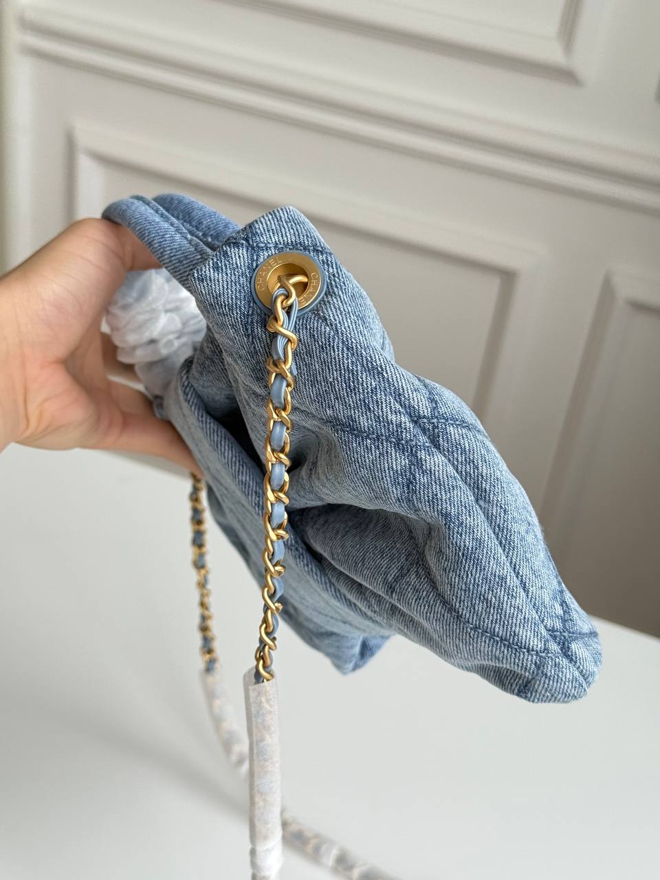 Chanel 25K Quilted Denim Bow Chain Handbag