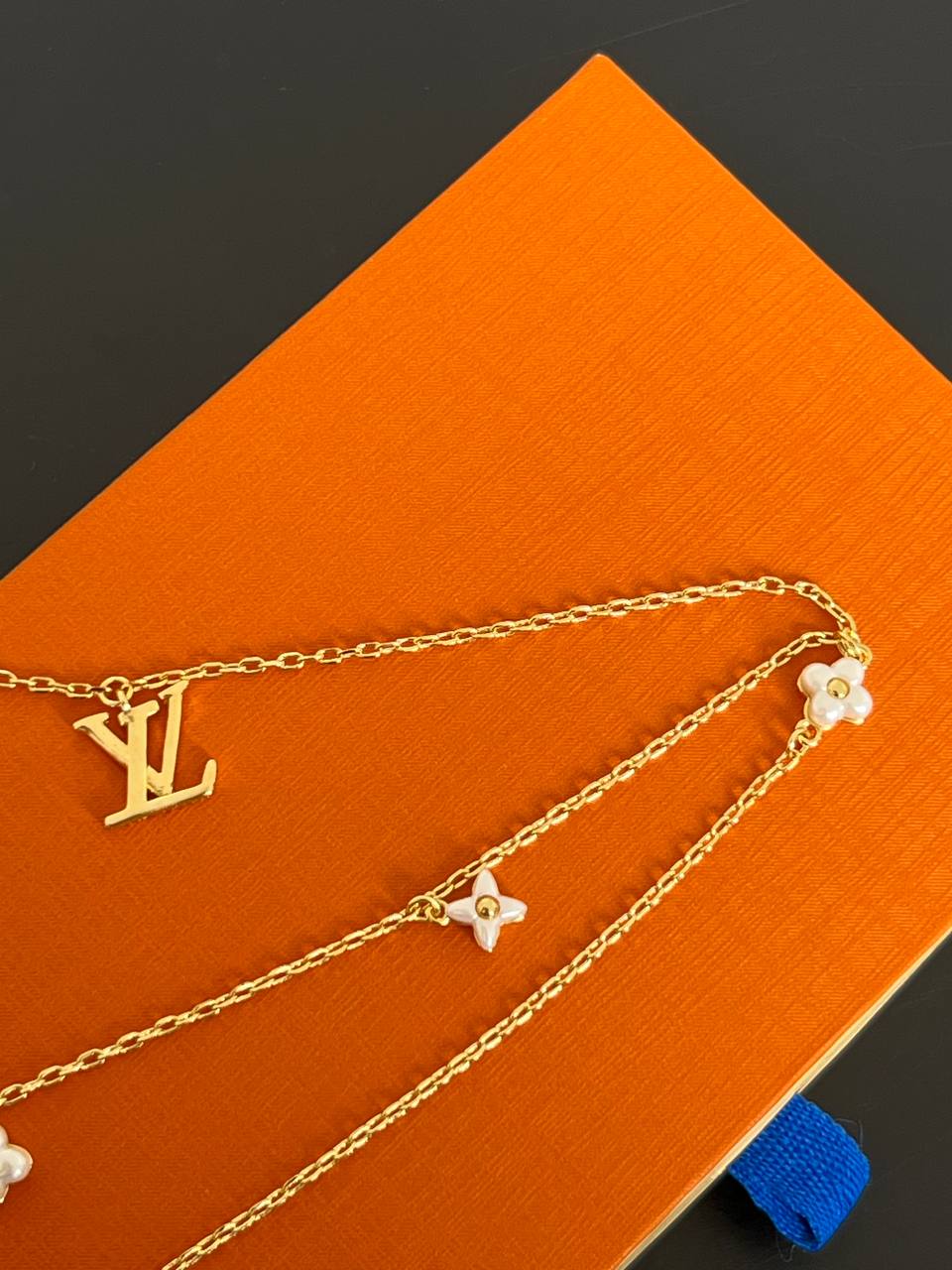 Louis Vuitton Gold Metal Triple Layer Necklace Set With LV Logo, Clover Charms & Pearl Pendant