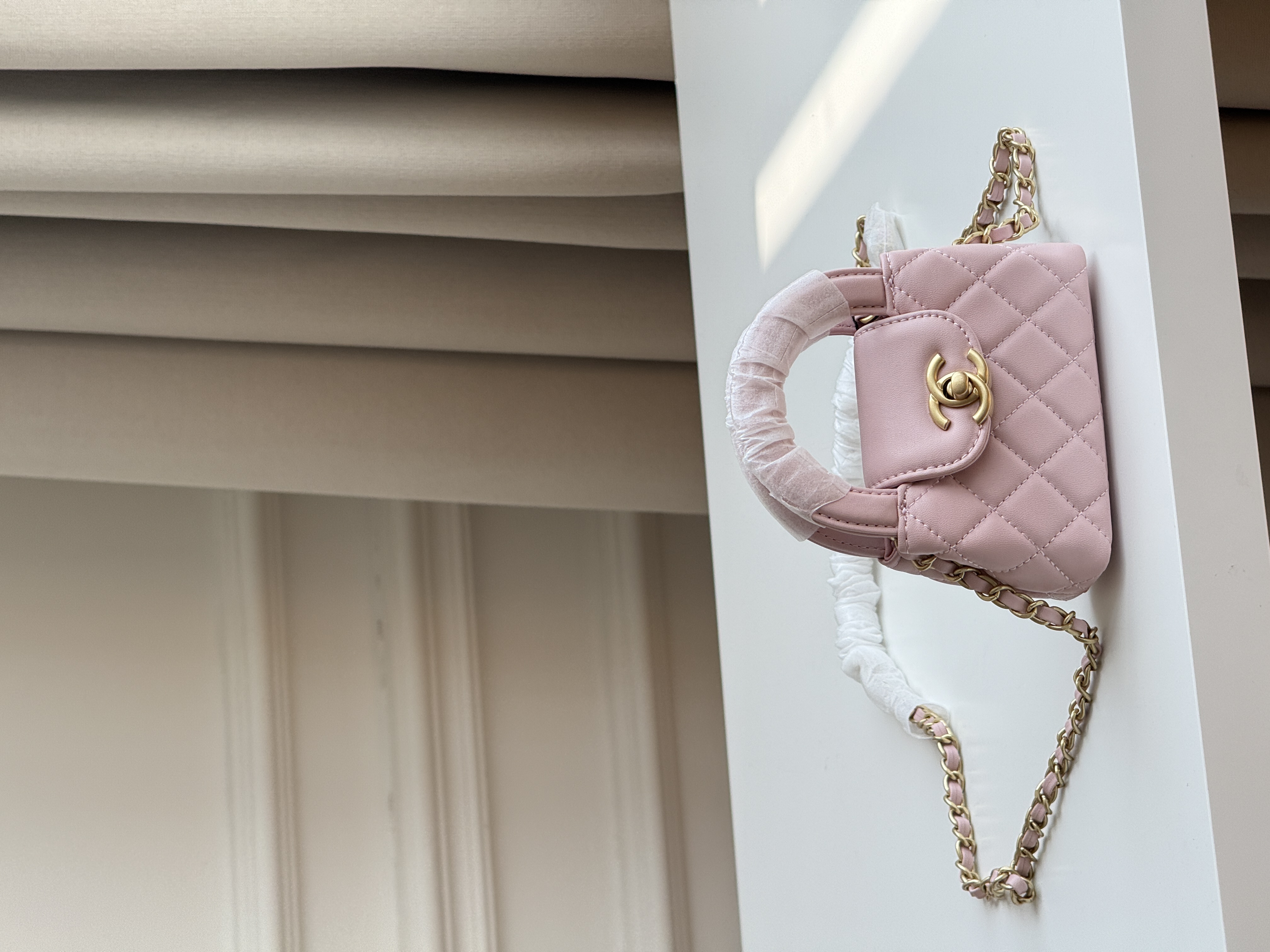 Chanel Cherry Blossom Pink Smooth Lambskin Mini Top Handle Quilted Crossbody Bag With Gold CC Turnlock