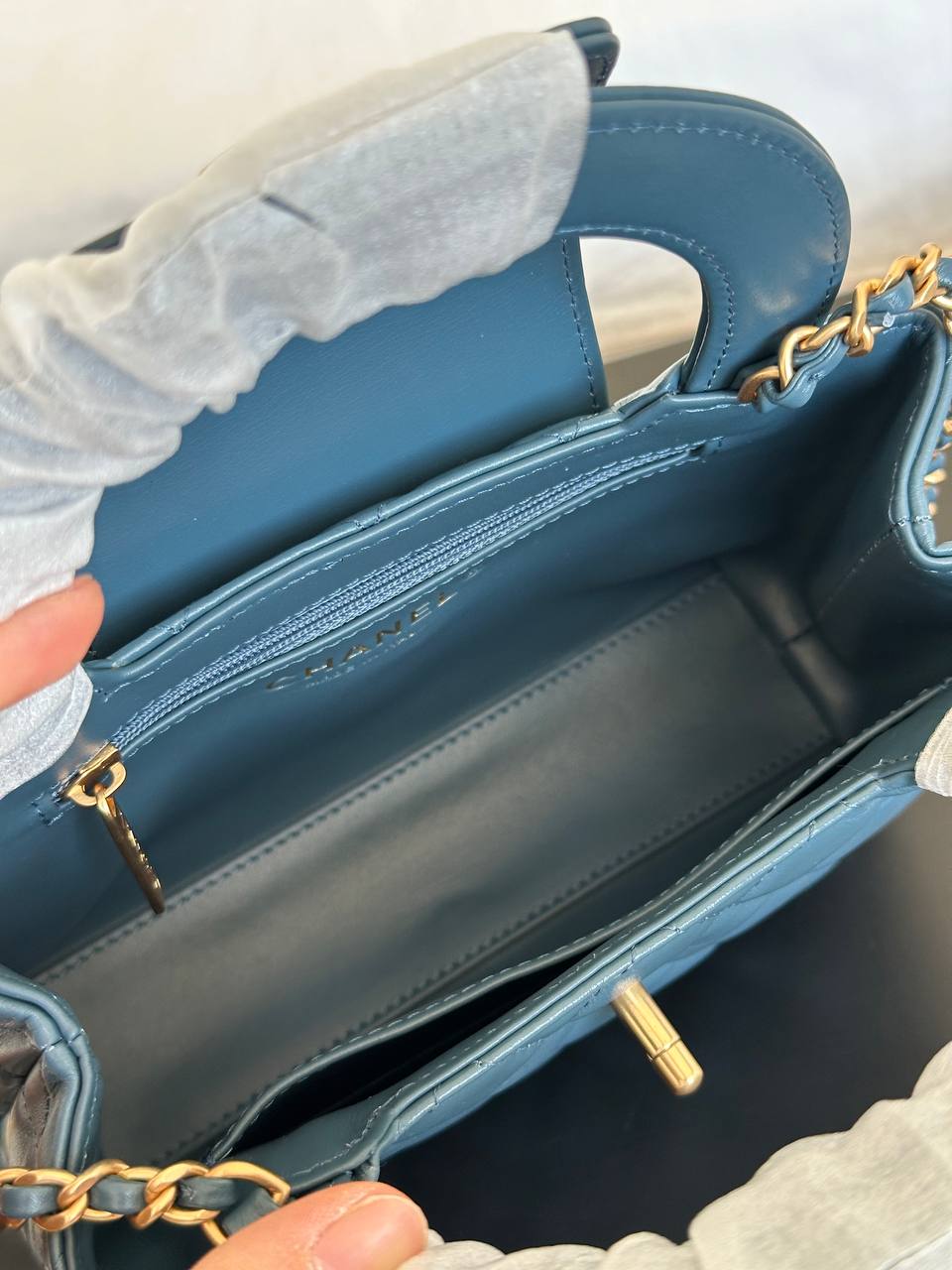 Chanel Smoky Blue Lambskin Quilted Mini Kelly Top Handle Bag