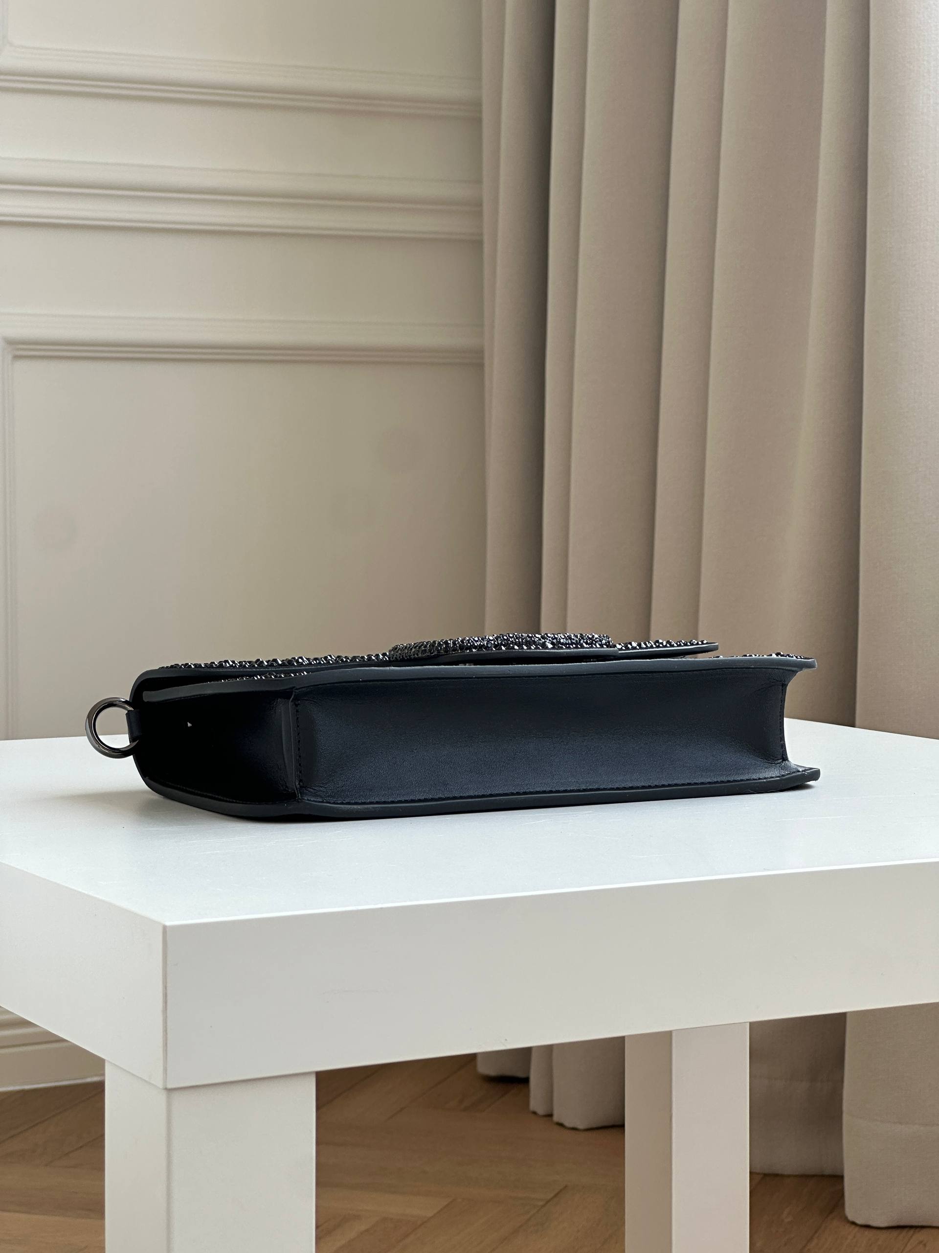 Valentino Black Full Crystal VLogo Flap Baguette Shoulder Bag