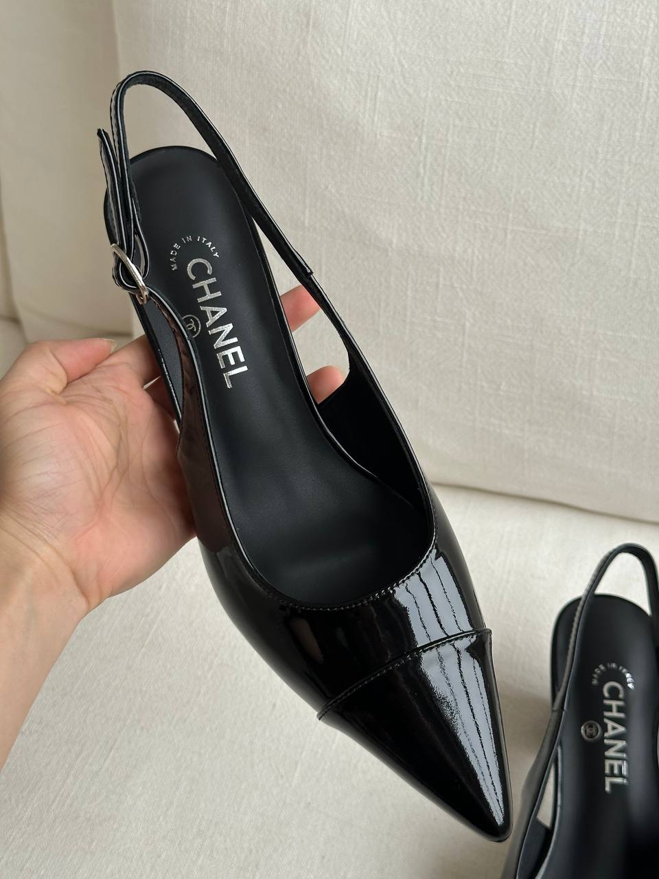 Chanel Black Patent Leather Pointed Toe Slingback Block Heel Sandals