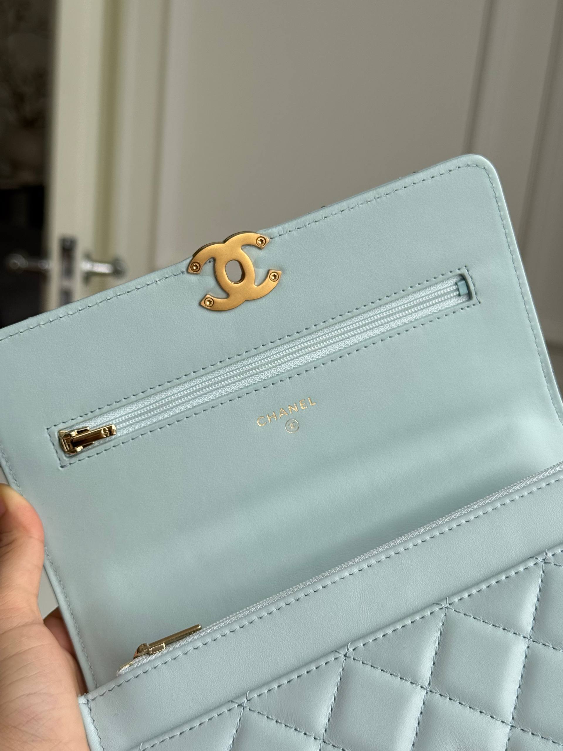 Chanel Pale Blue Lambskin Gold Bead Crossbody Bag