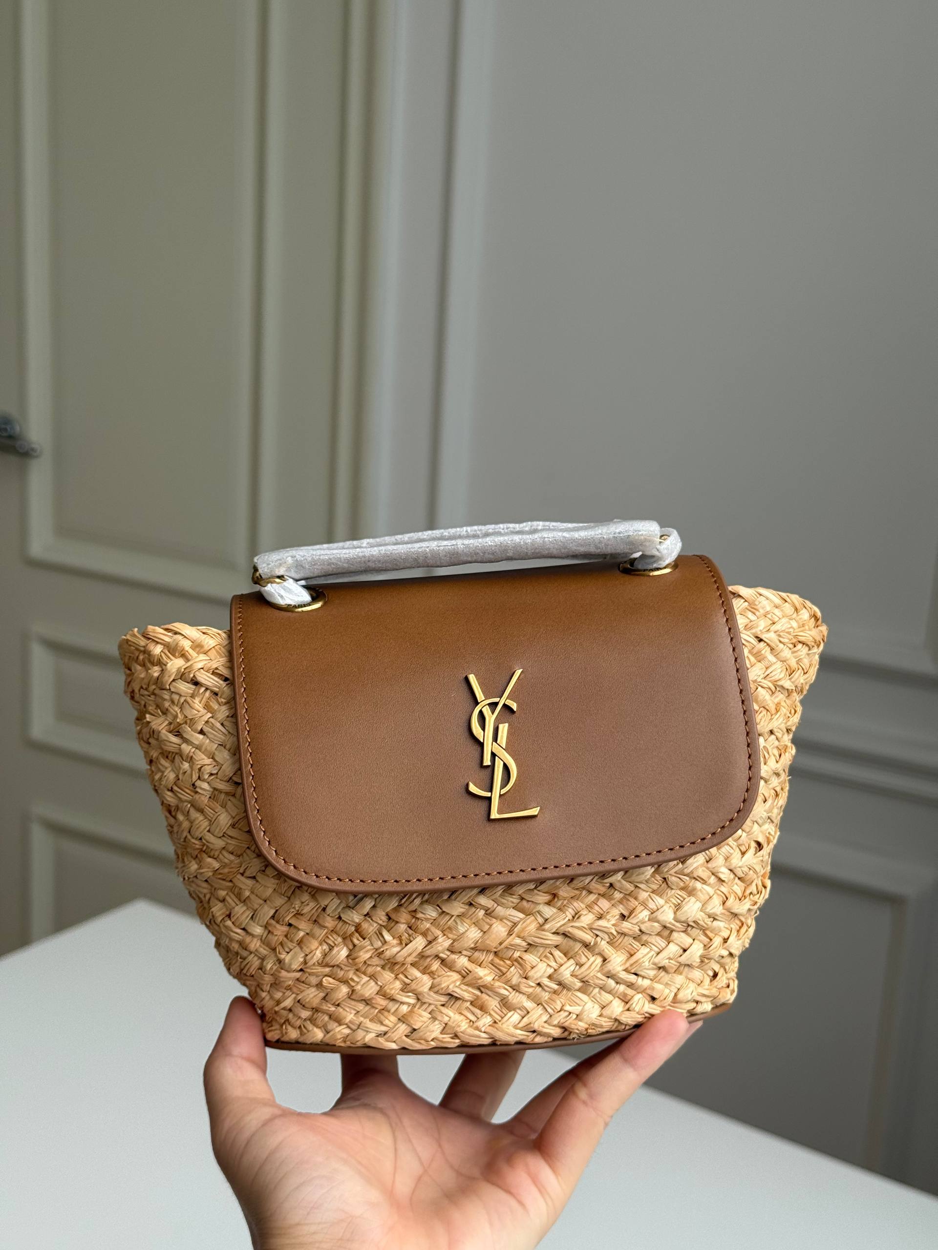 Saint Laurent (YSL) Cassandre Raffia & Leather Mini Bucket Bag