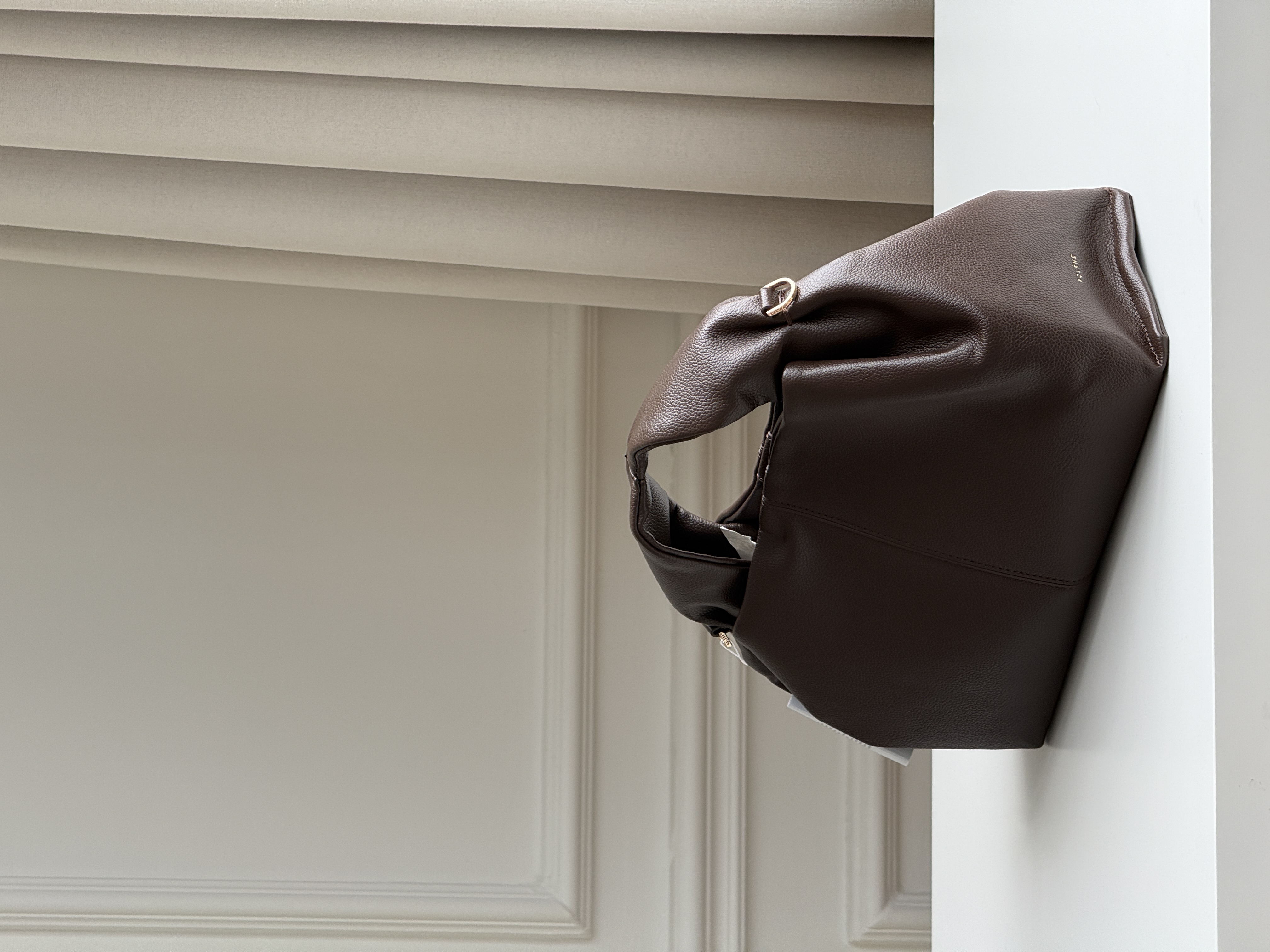 Dark Brown Pebbled Soft Leather Ruched Tote Handbag