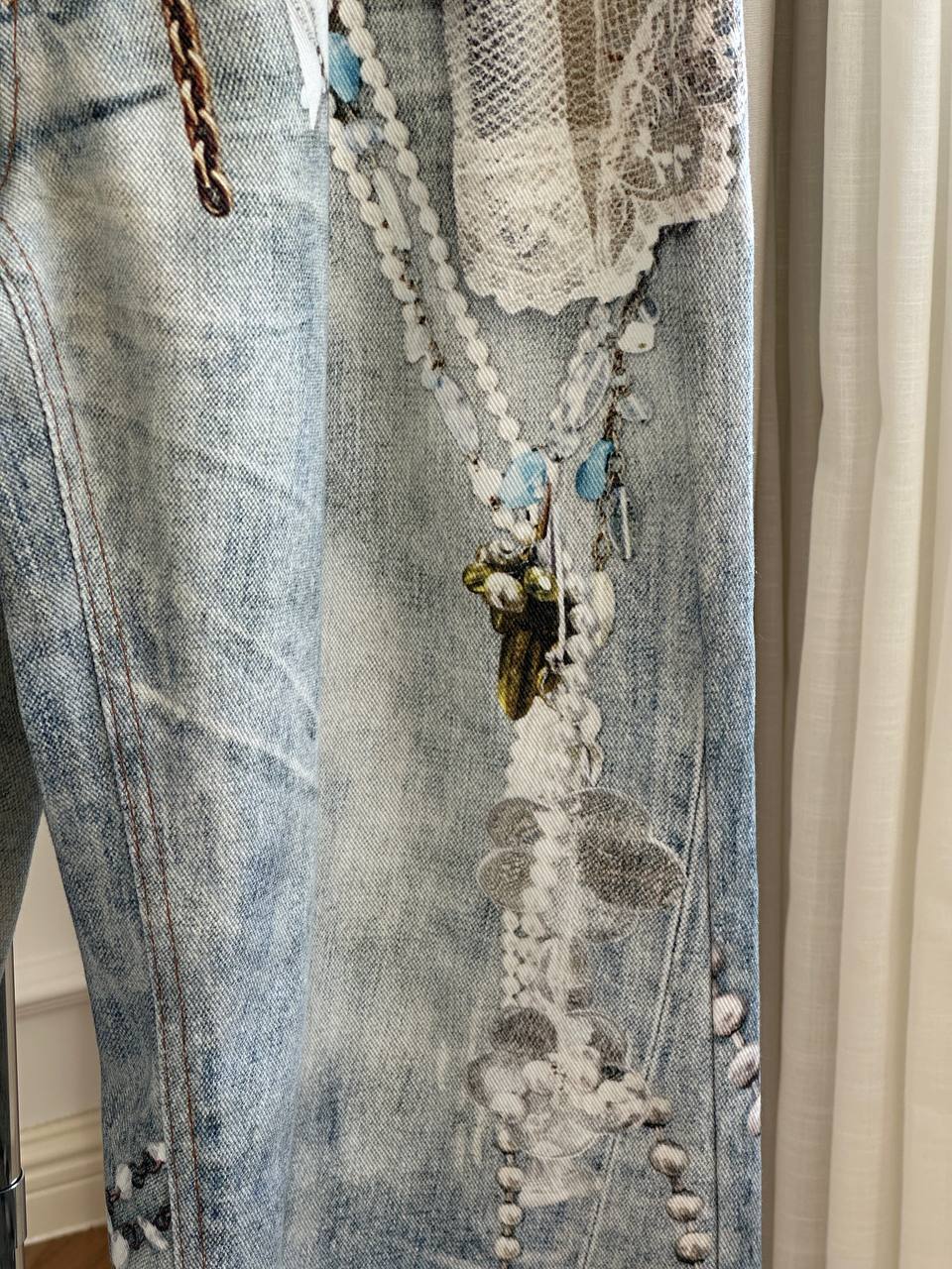 Acne Studios 25FW 2006 Wide-Leg Curved Jeans with Trompe-l'oeil Lace & Pearl Print