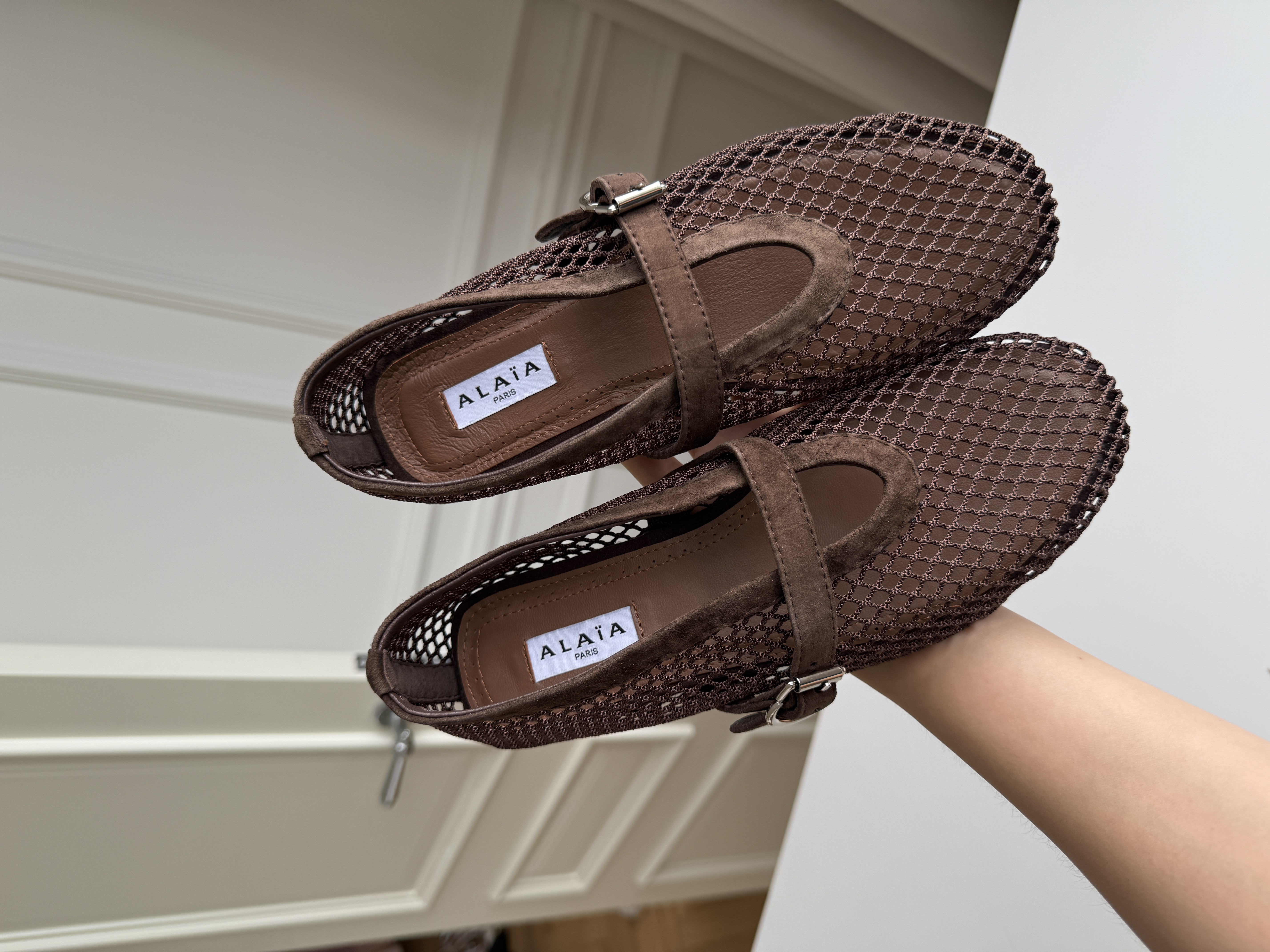 Brown Mesh Pointed-Toe Buckle Strap Flat Mary Janes