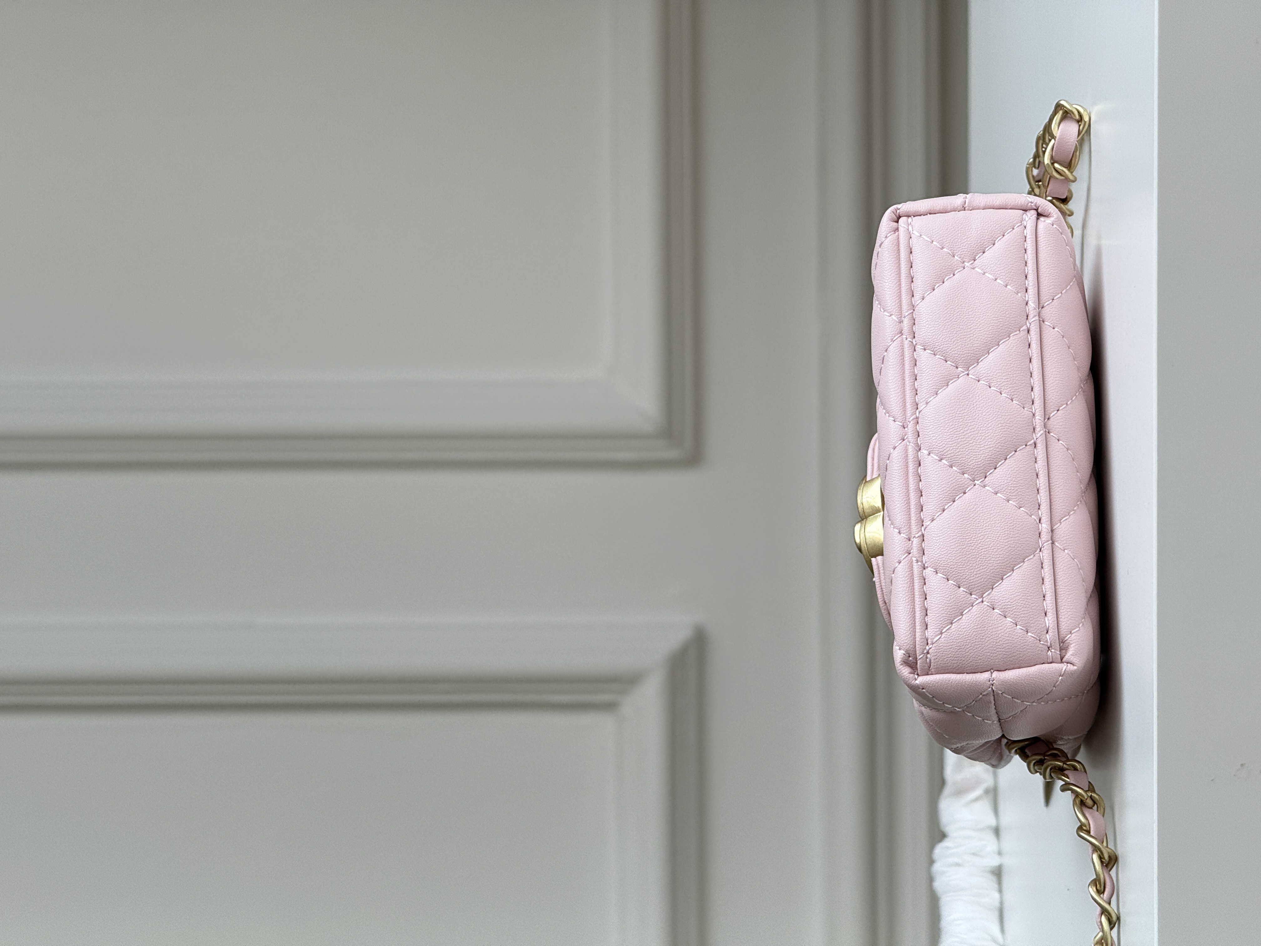 Chanel Cherry Blossom Pink Smooth Lambskin Mini Top Handle Quilted Crossbody Bag With Gold CC Turnlock