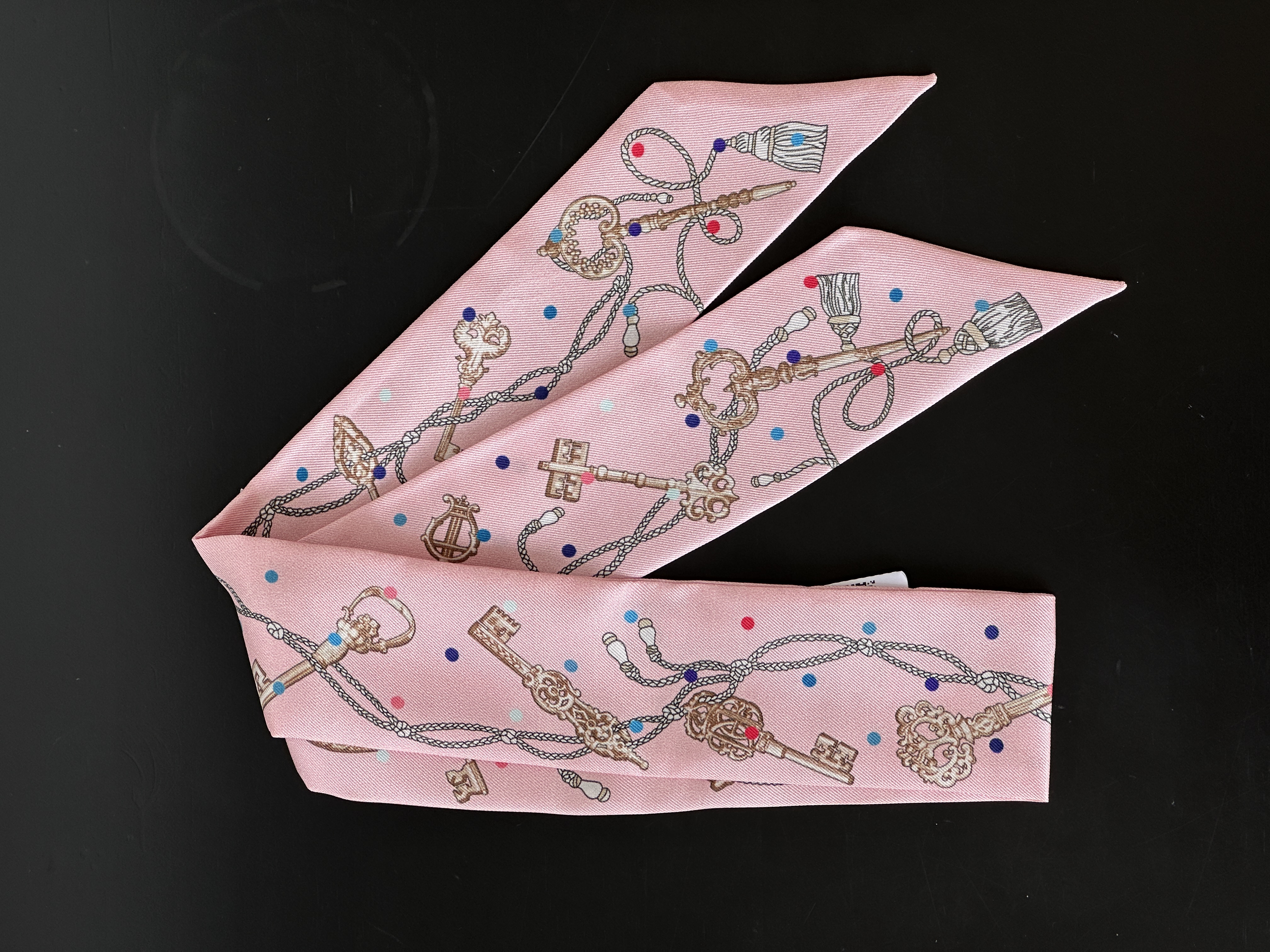 Pink Vintage Key Print Silk Slim Scarf Twilly