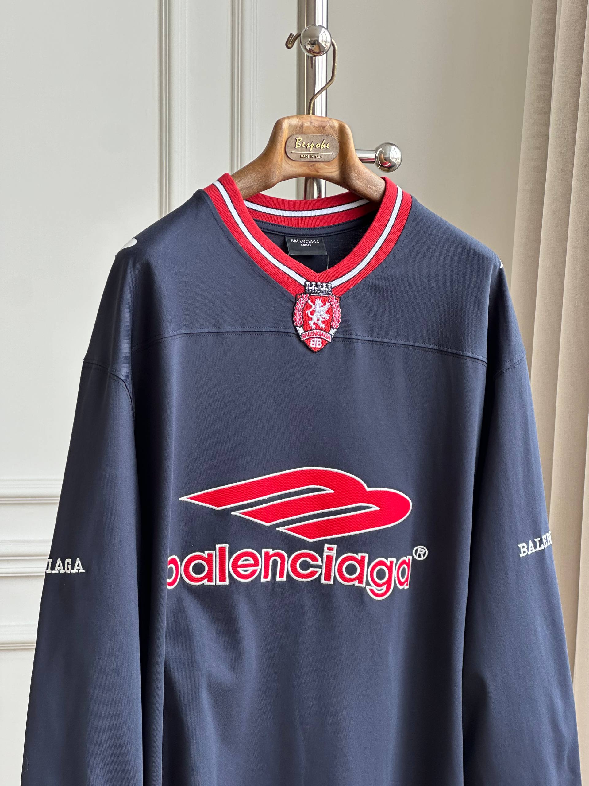 Balenciaga B Logo Racing Stripe Collar Long Sleeve Jersey Tee