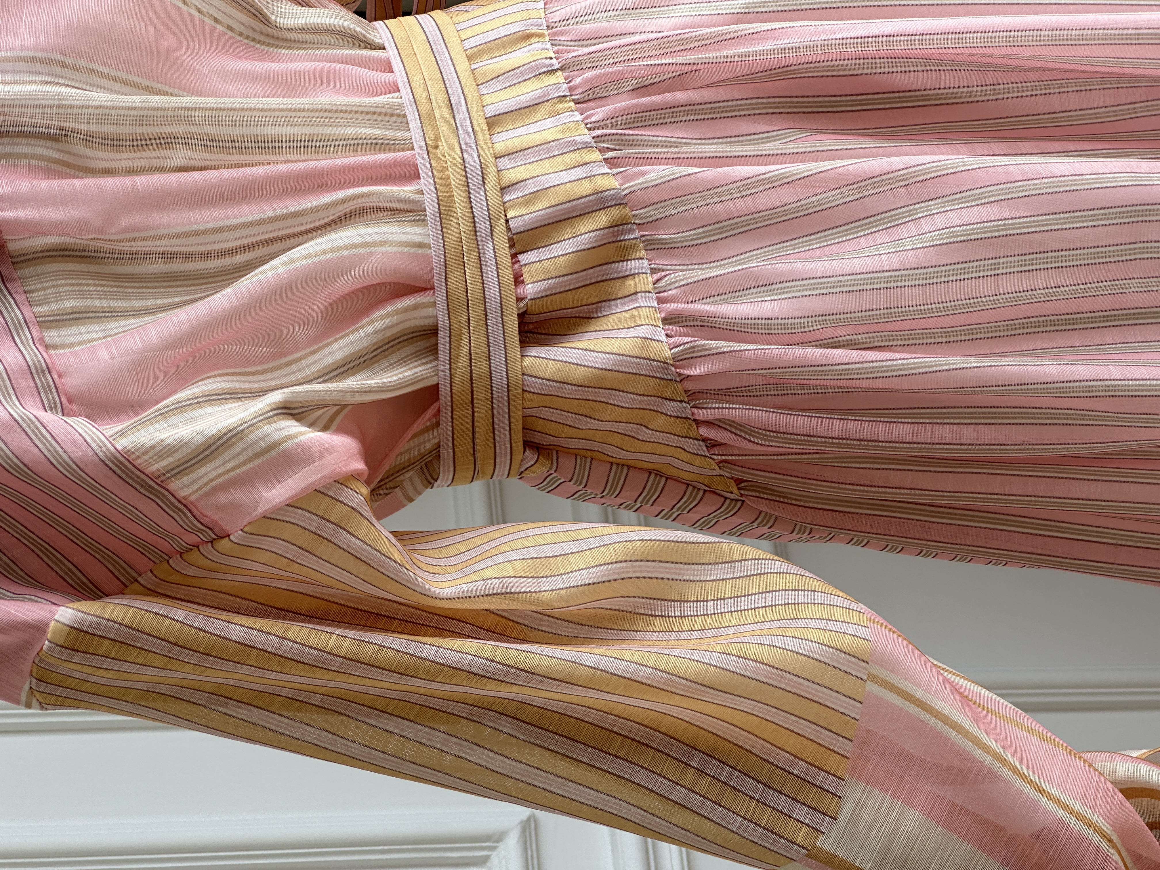 Pink Tone Striped Lapel Cross Wrap Tie-Waist Shirt Maxi Dress