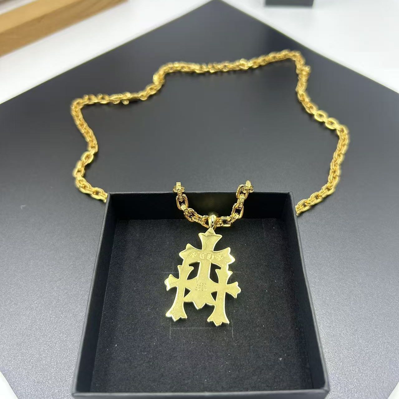 CHROME HEARTS 22K GOLD GREEN DIAMOND TRIPLE CROSS NECKLACE