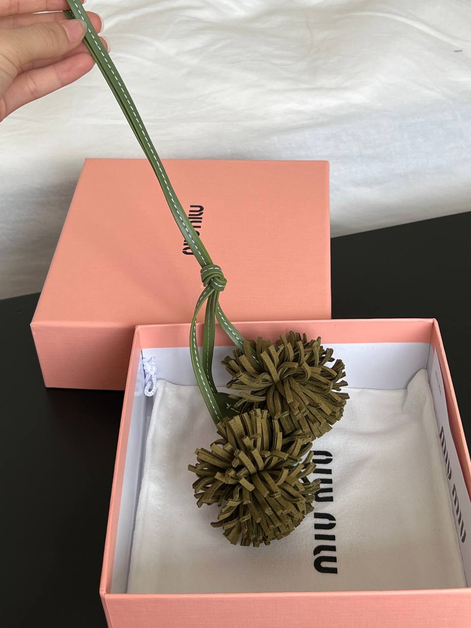 Miu Miu Olive Green Leather Double Pom-pom Bag Charm