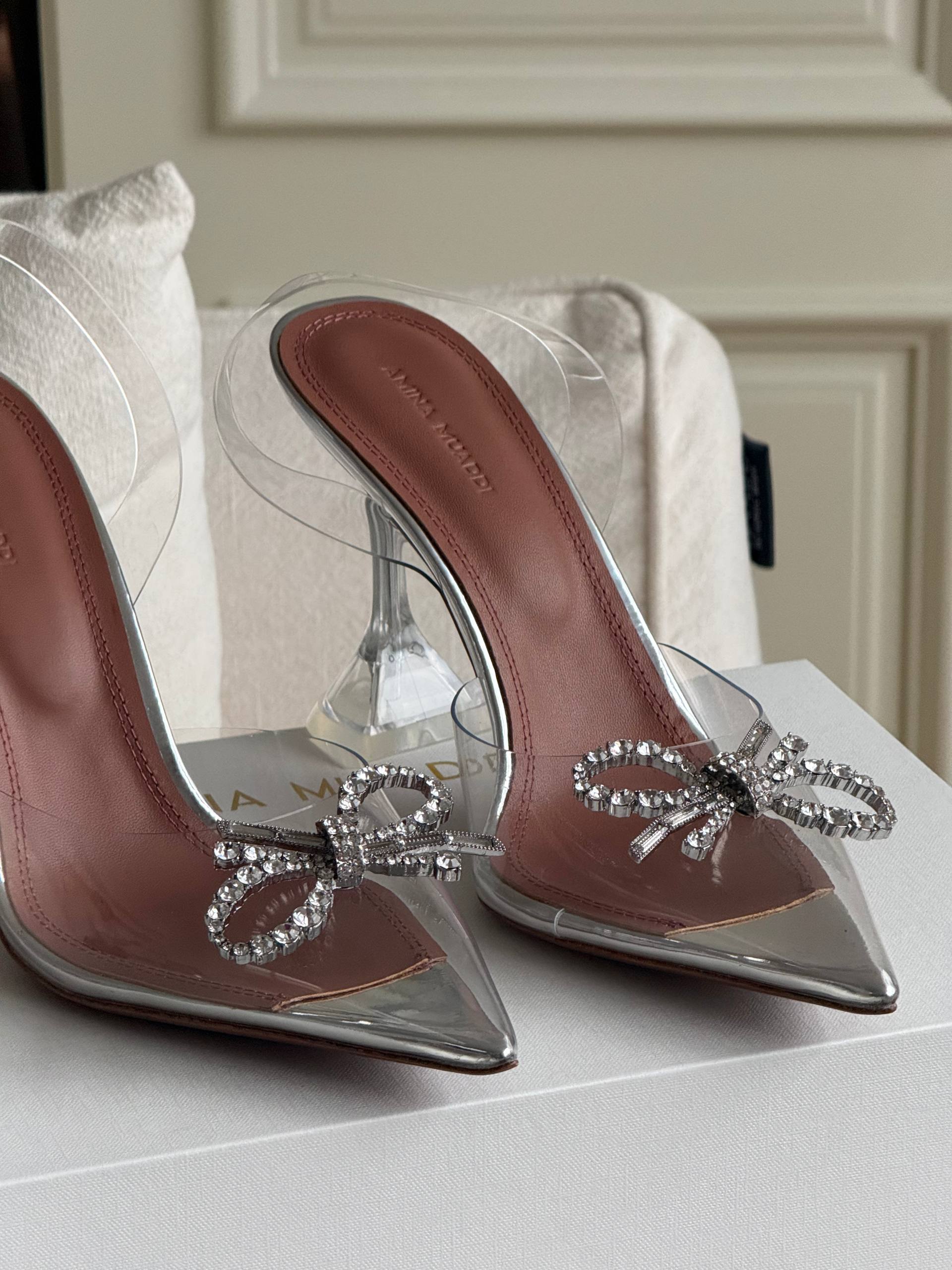 Clear PVC Pointed Toe Rhinestone Bow Crystal Heel Slingback Pumps