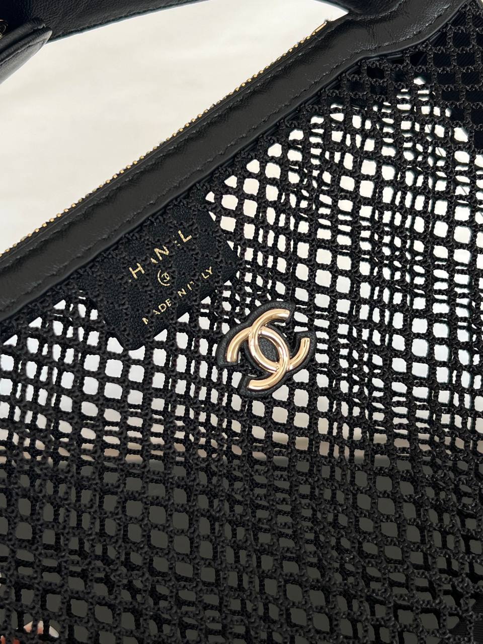Chanel Black Hollow Mesh Gold CC Logo Semi-circular Top Handle Mini Bag