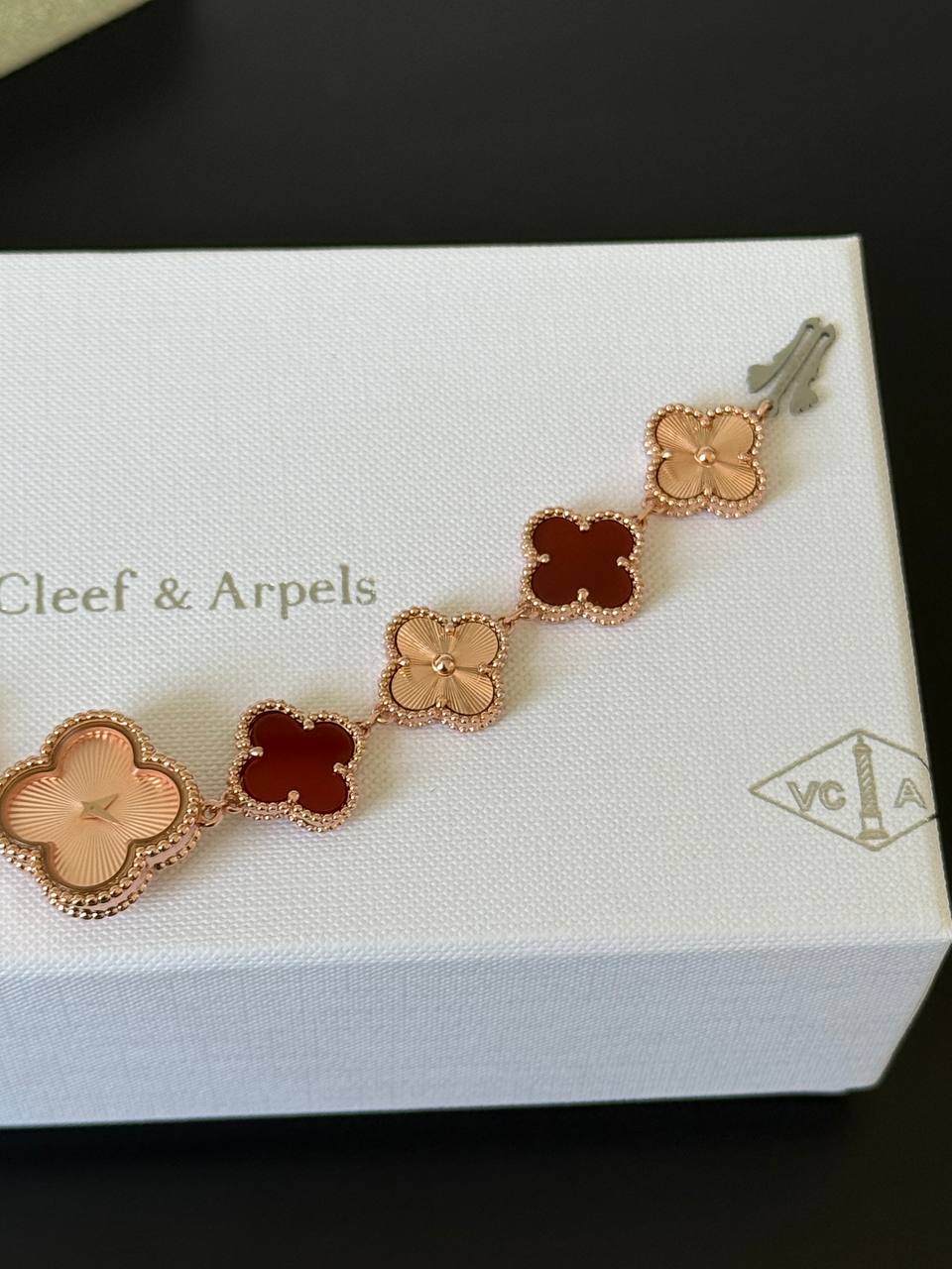 Van Cleef & Arpels Sweet Alhambra Carnelian and Guilloché Rose Gold Watch Bracelet
