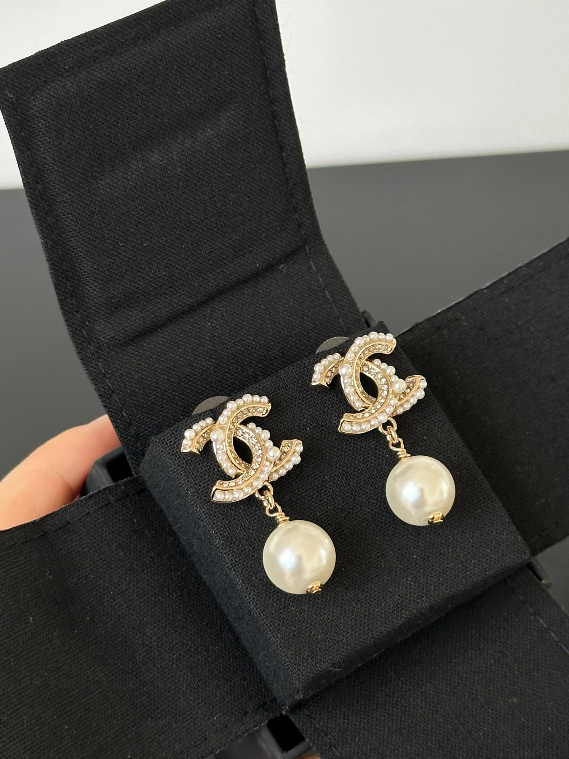 CHANEL CC Logo Crystal & Pearl Drop Earrings