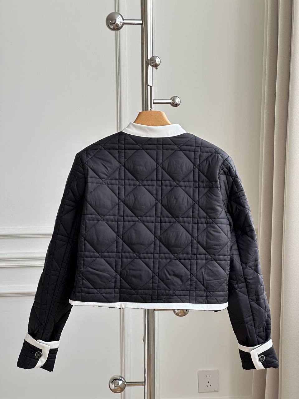 Chanel Black & White Trim Diamond Quilted Letter Pocket Stand Collar Cropped Padded Jacket