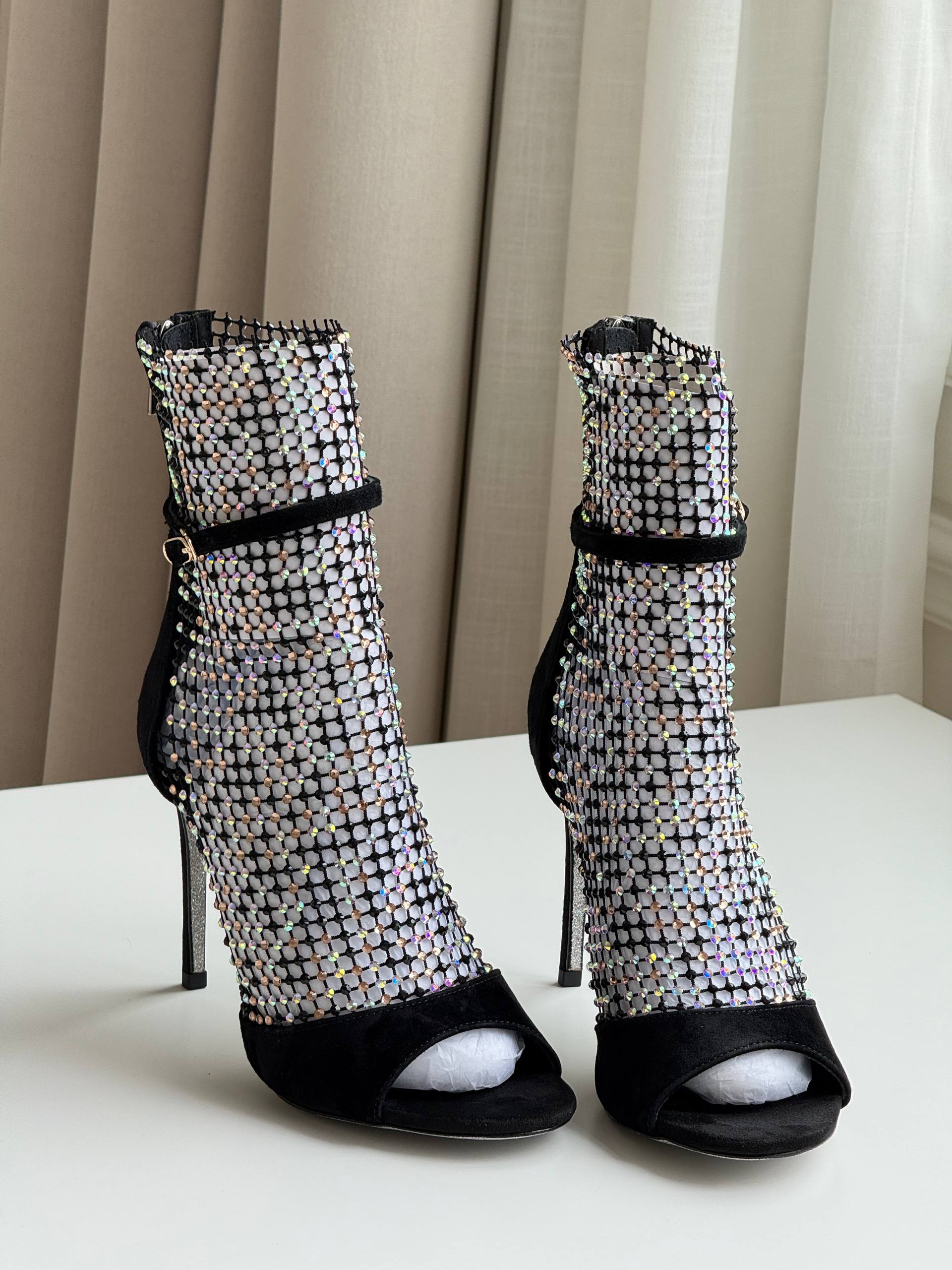 Rene Caovilla Fishnet Crystal Open-Toe Stiletto Ankle Boots