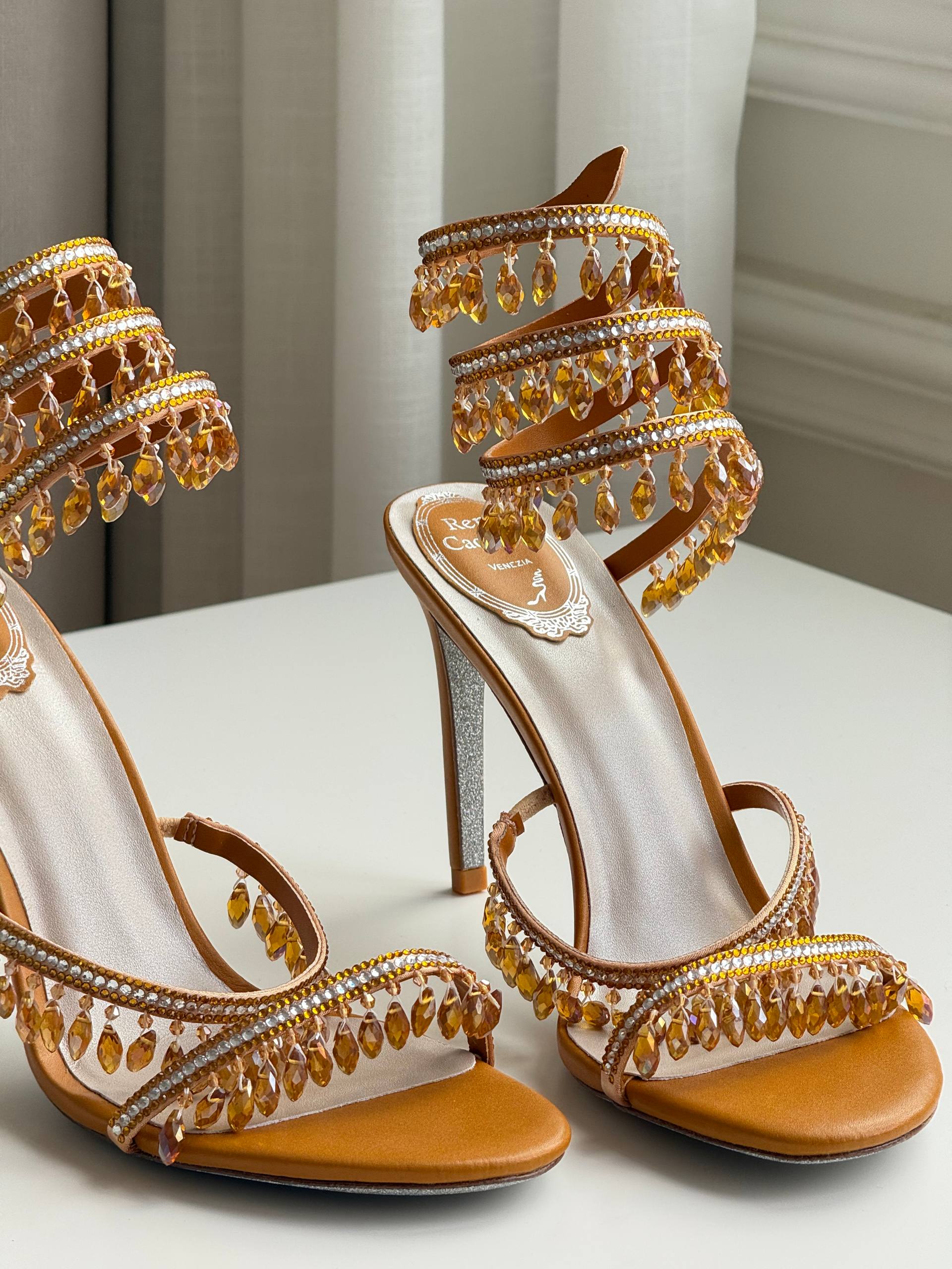 Rene Caovilla Champagne Crystal Ankle Wrap Fringe High Heel Sandals
