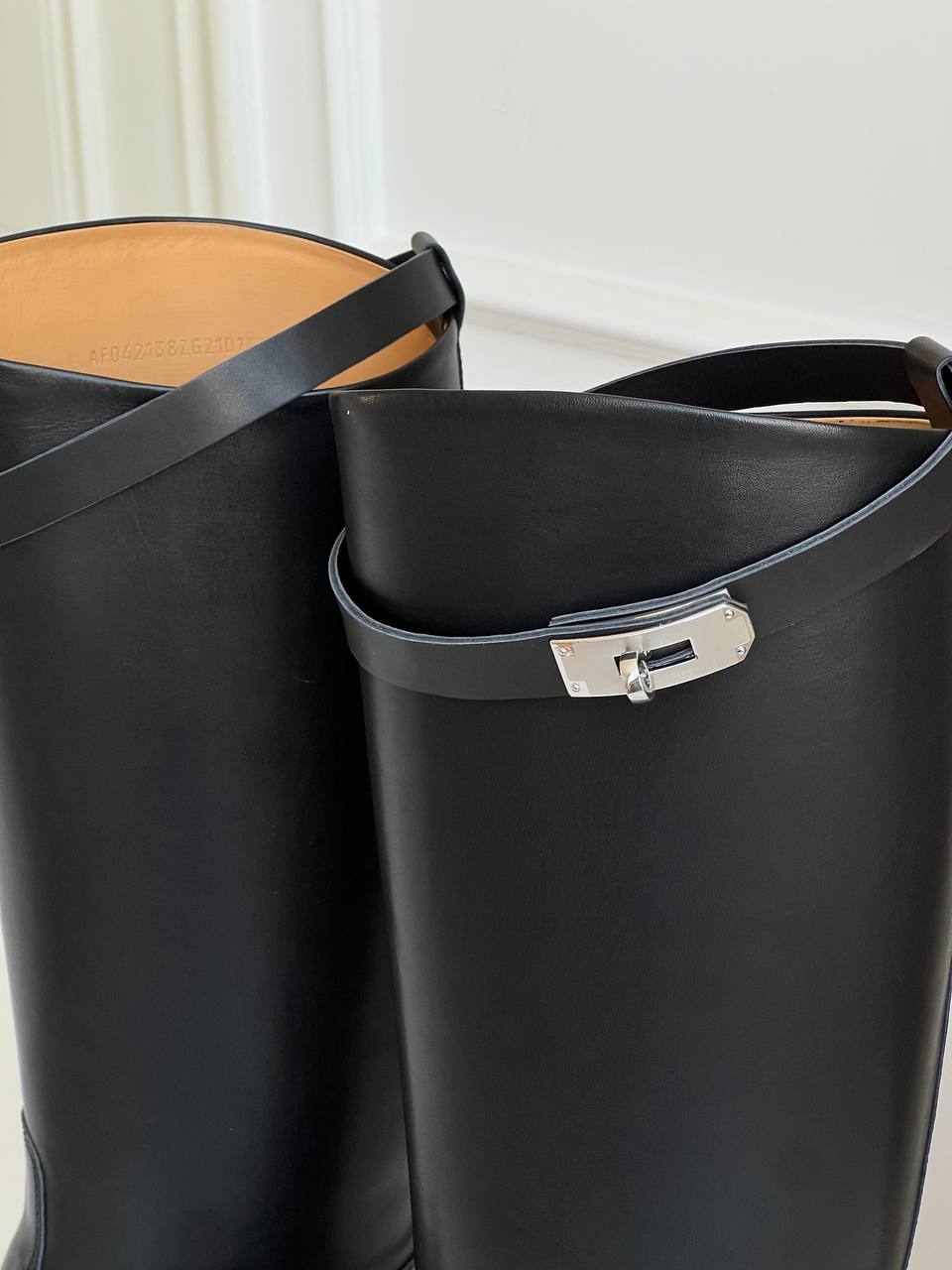 Black Smooth Leather Buckle Strap Low Heel Straight Knee-High Riding Boots