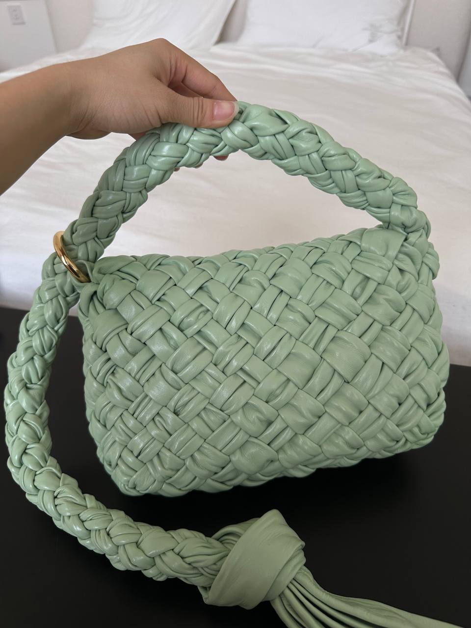 Mint Green Hand Woven Soft Leather Knotted Tassel Shoulder Bag