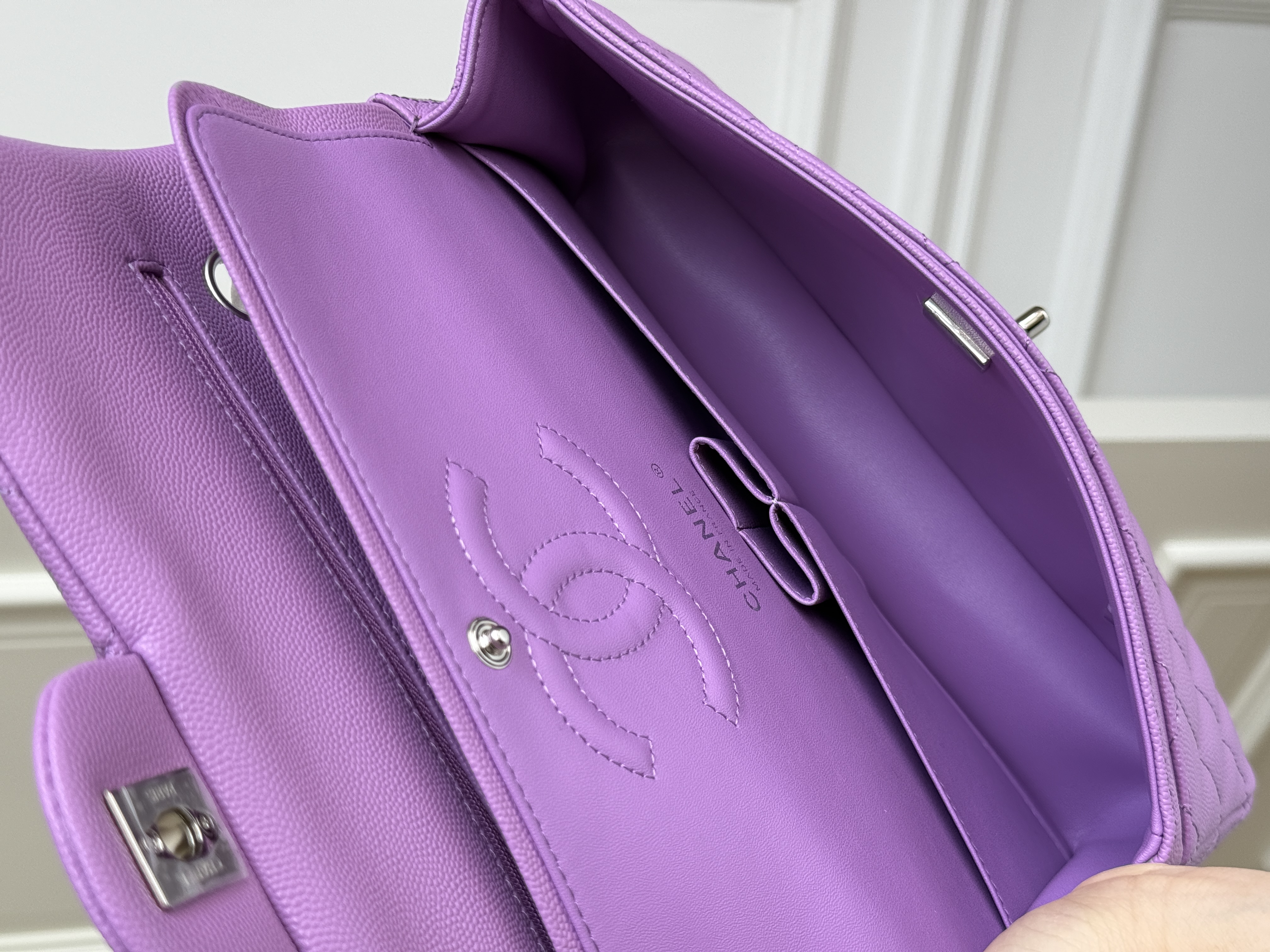 Chanel Light Purple Caviar Leather Quilted Classic Flap Medium Shoulder Crossbody Bag With Light Gold CC Turnlock