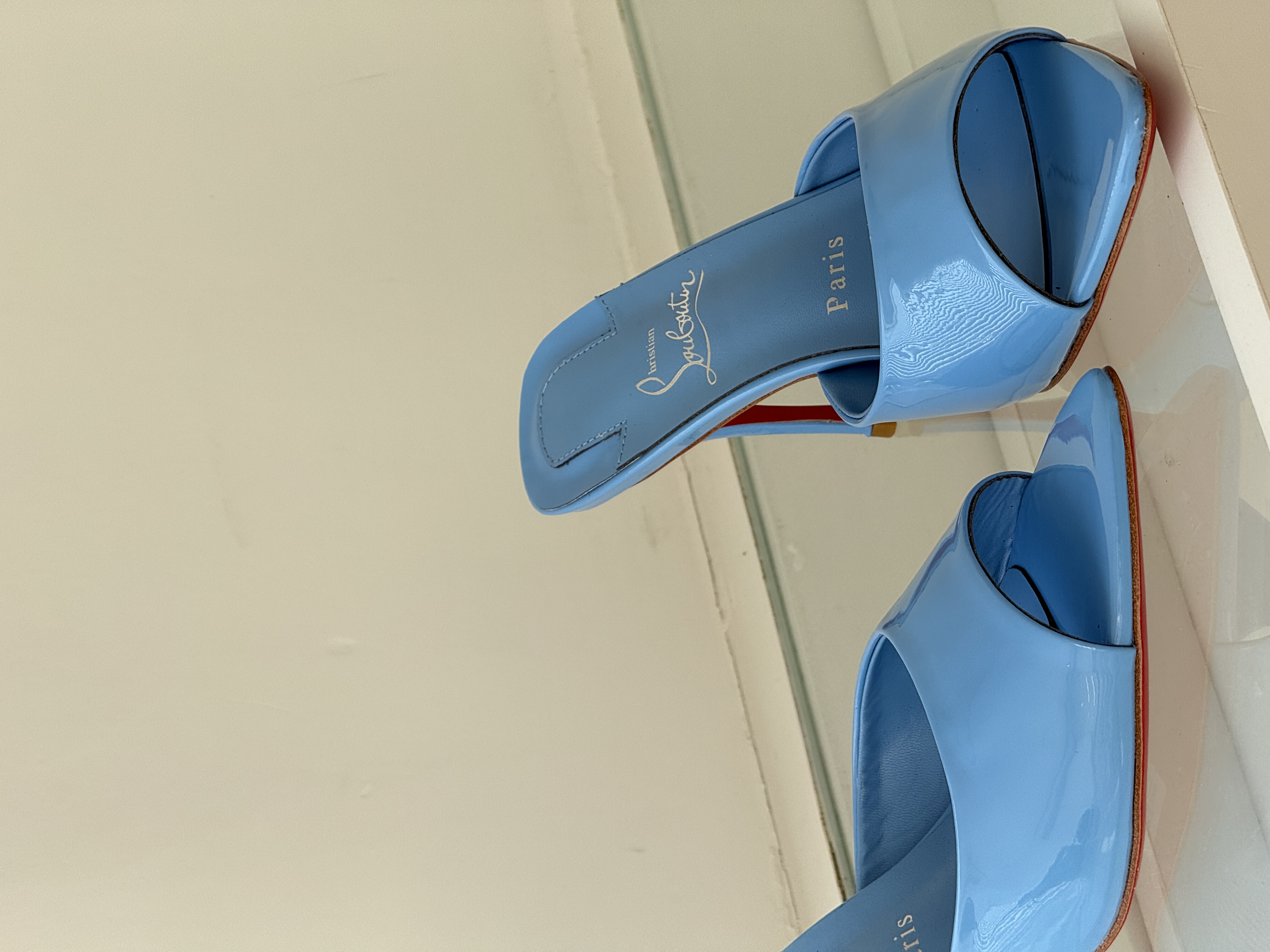Christian Louboutin Ice blue patent leather mules with red soles