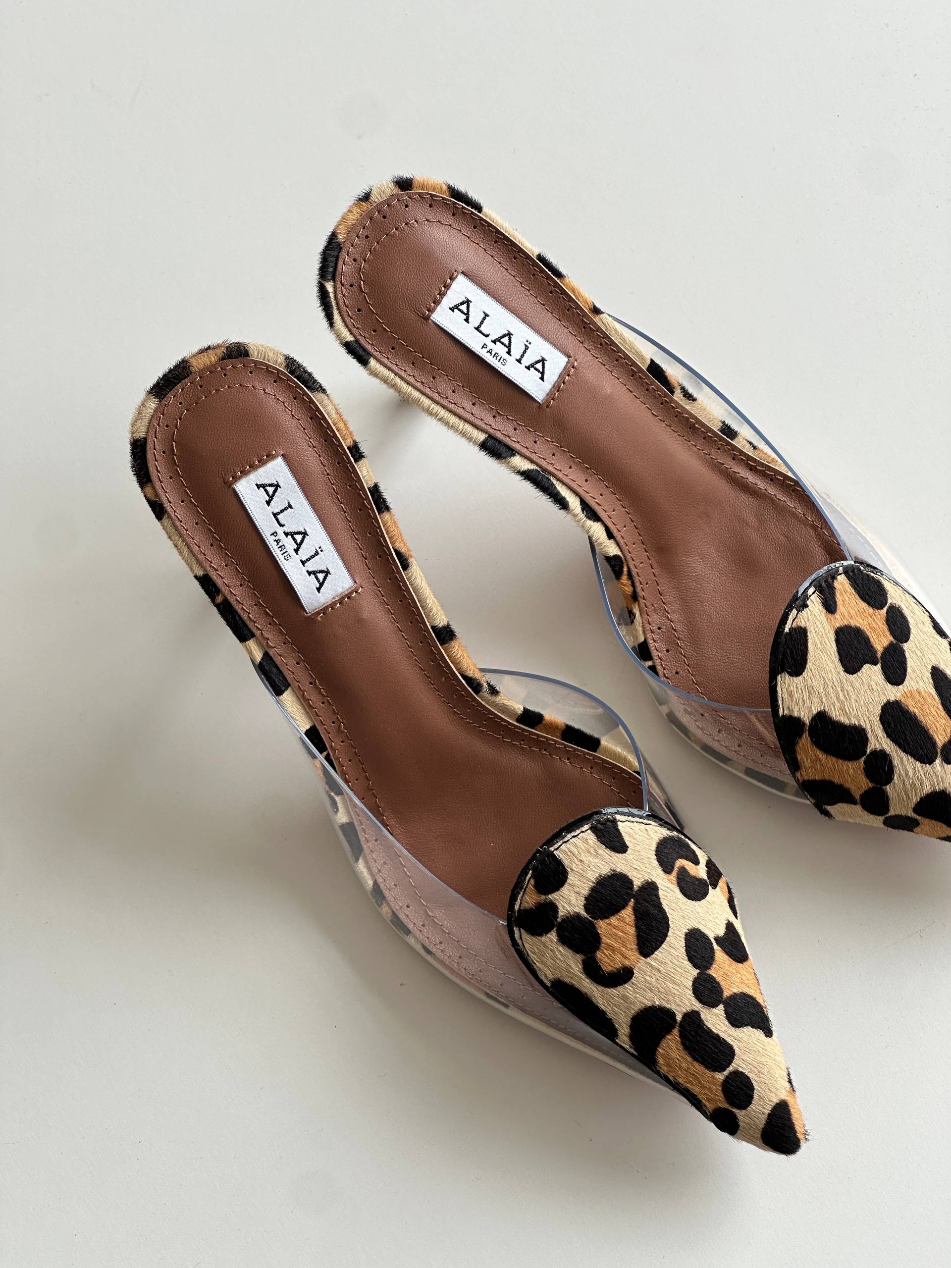 ALAÏA Leopard Print Calf Hair Pointed PVC Two-Strap Mule Heels