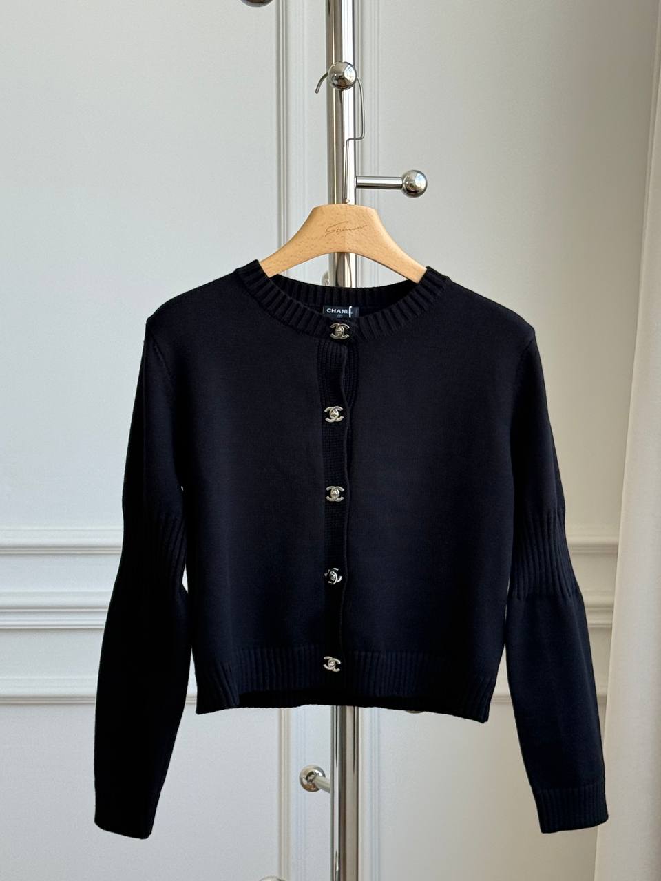 CHANEL Crew Neck Knit Cardigan with Double CC Buttons