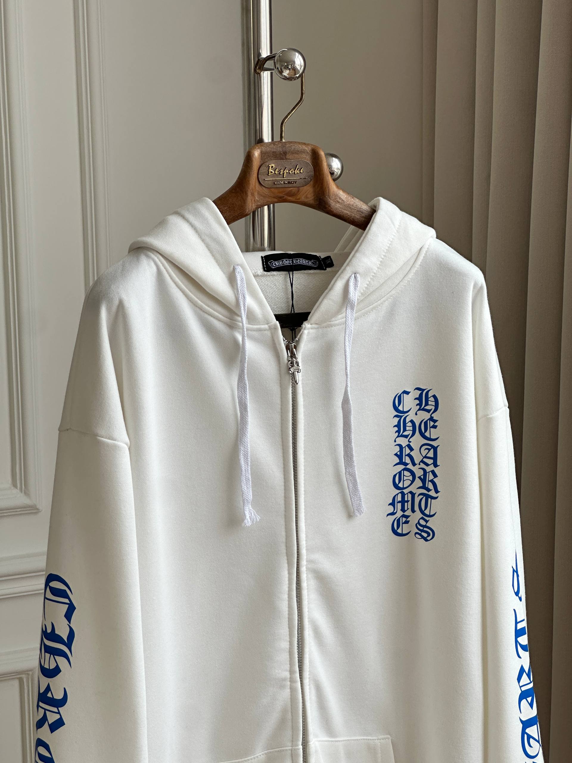 Chrome Hearts White Zip-up Hoodie with Blue Gothic Letter Print