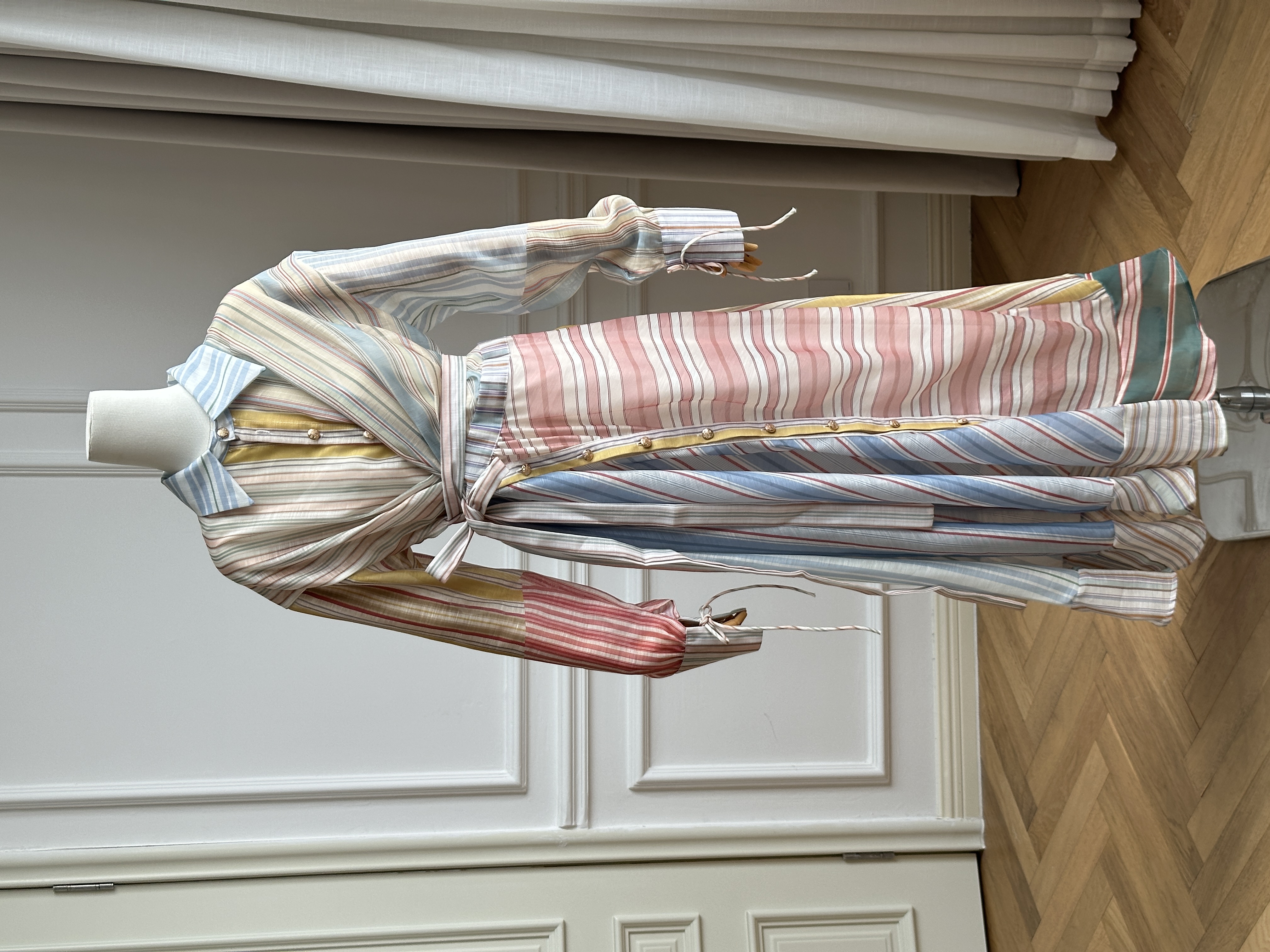 French Color-block Stripe Lapel Wrap Waist Tie Belt Shirt Maxi Dress