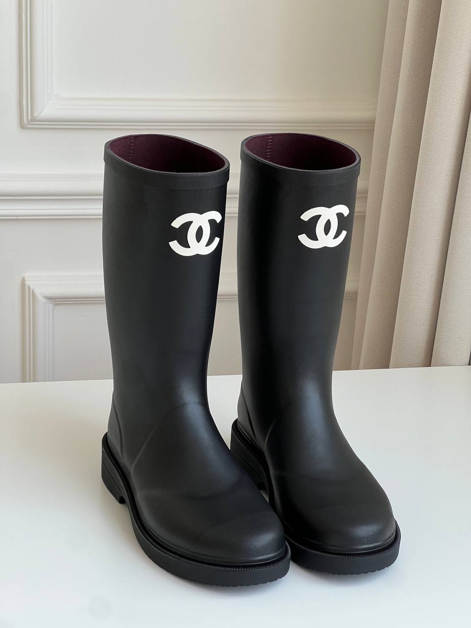 Chanel Black Rubber Tall Rain Boots With White Interlocking CC Logo