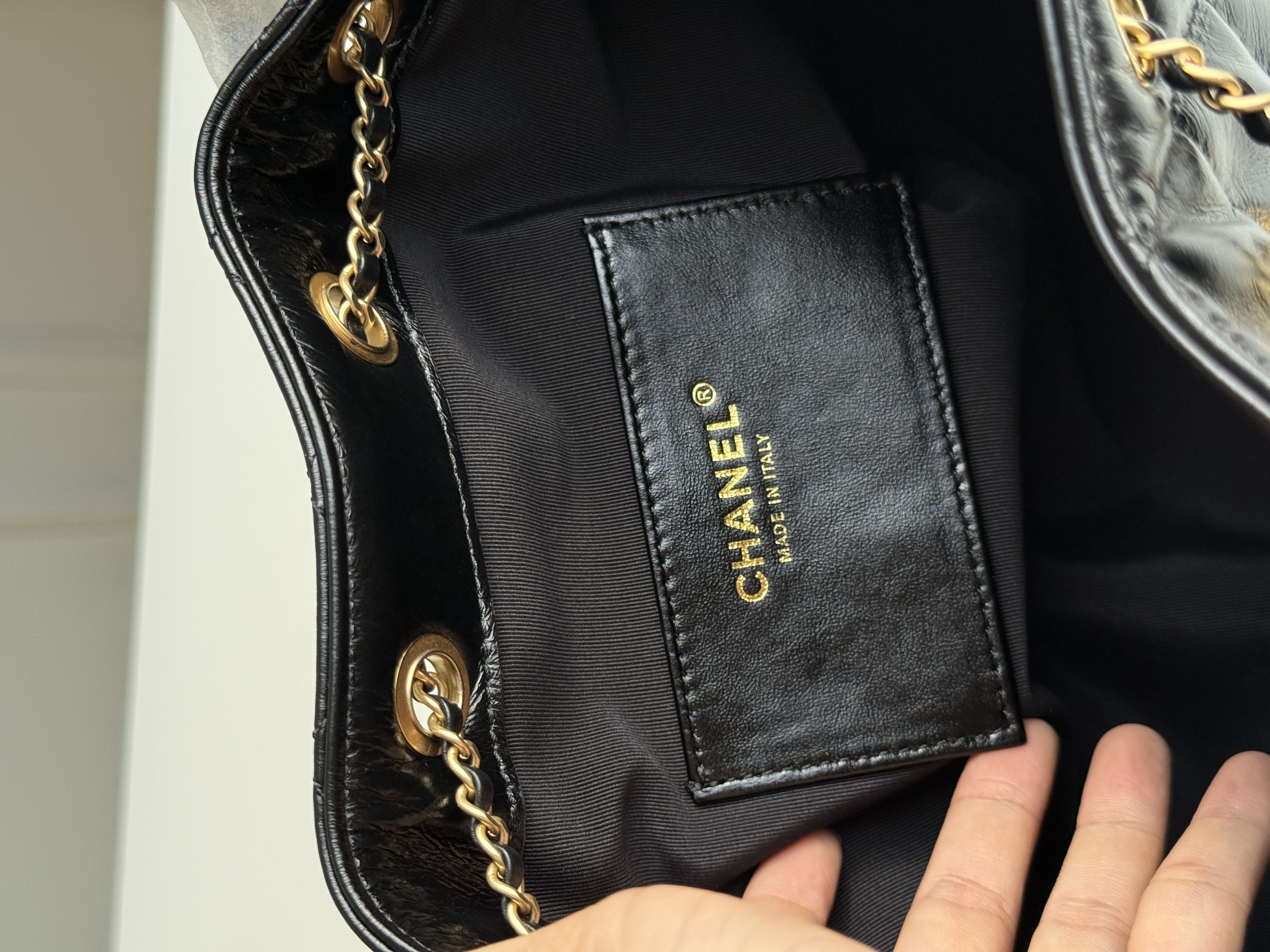 Chanel 25C Black Gold Waxed Leather Drawstring Hobo Bag