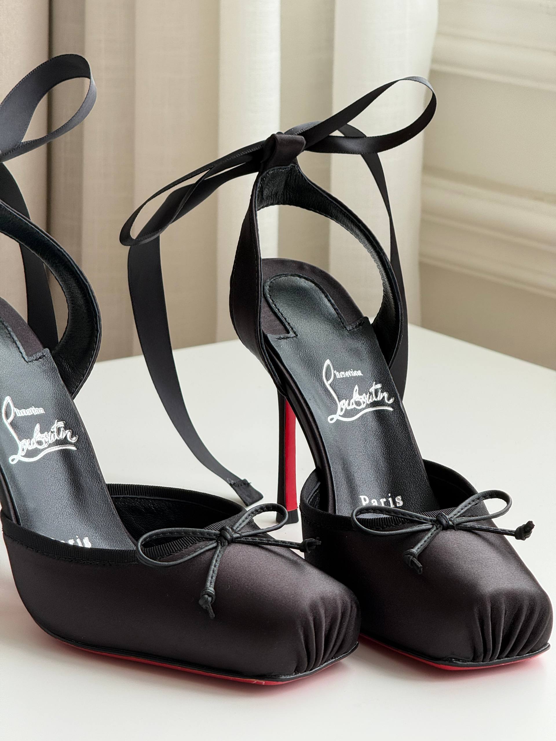 Christian Louboutin Black Satin Front & Ankle Bow Red Sole Slingback Heels