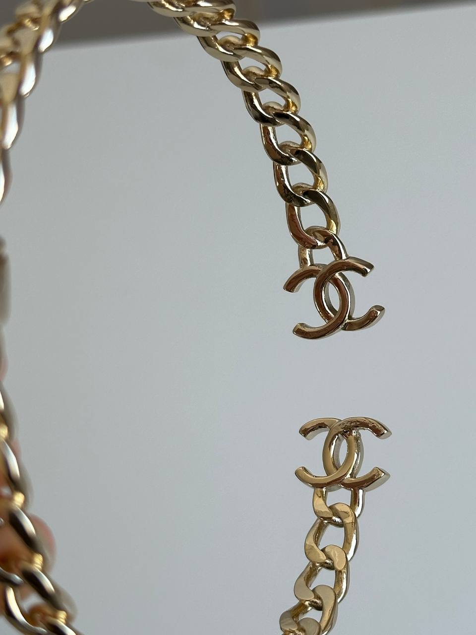 Chanel Light Gold Cuban Chain Open Cuff Bracelet With Interlocking CC Logo