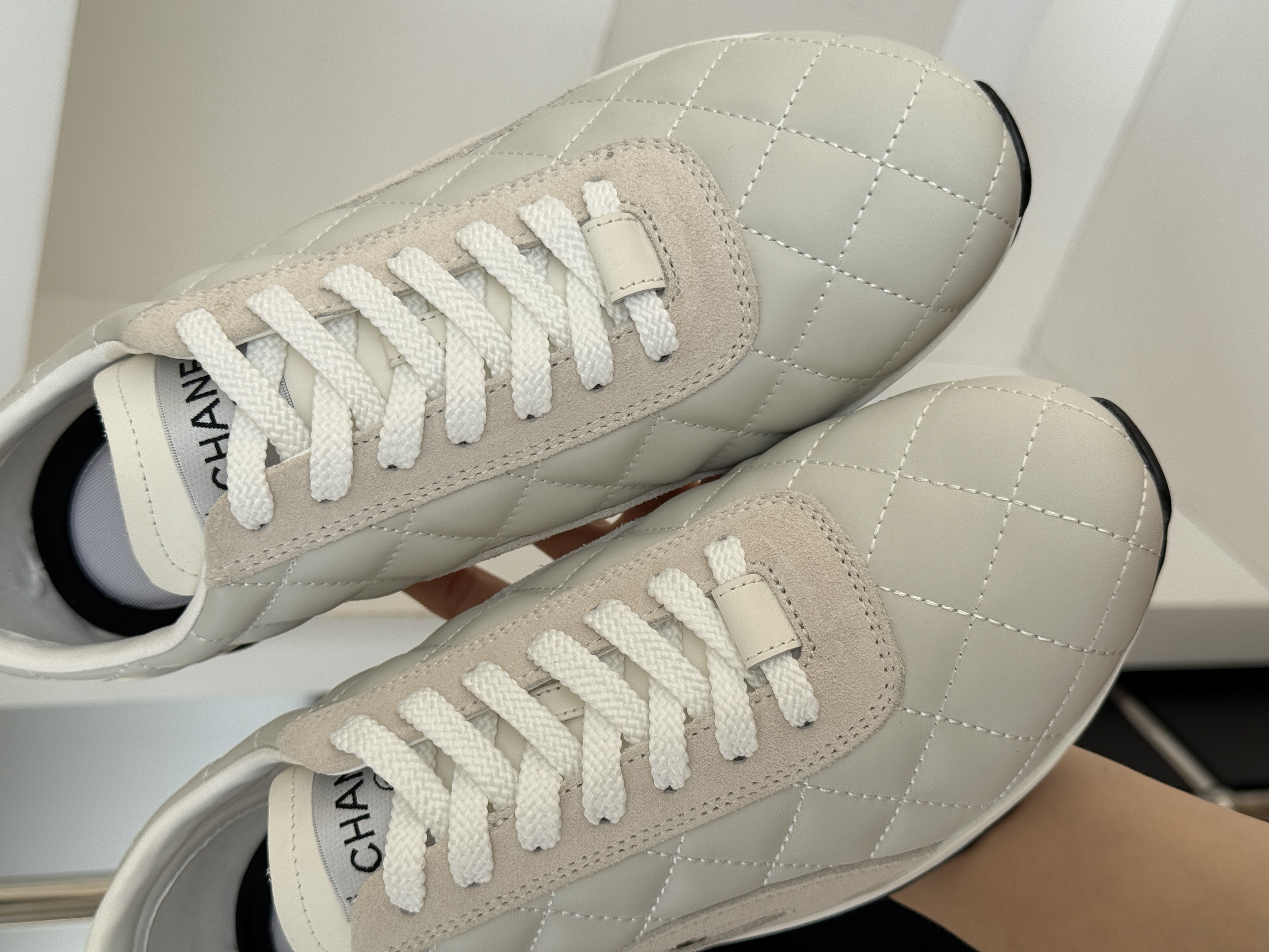 Chanel Quilted Lambskin Suede Trim Lace-Up Trainer Sneakers