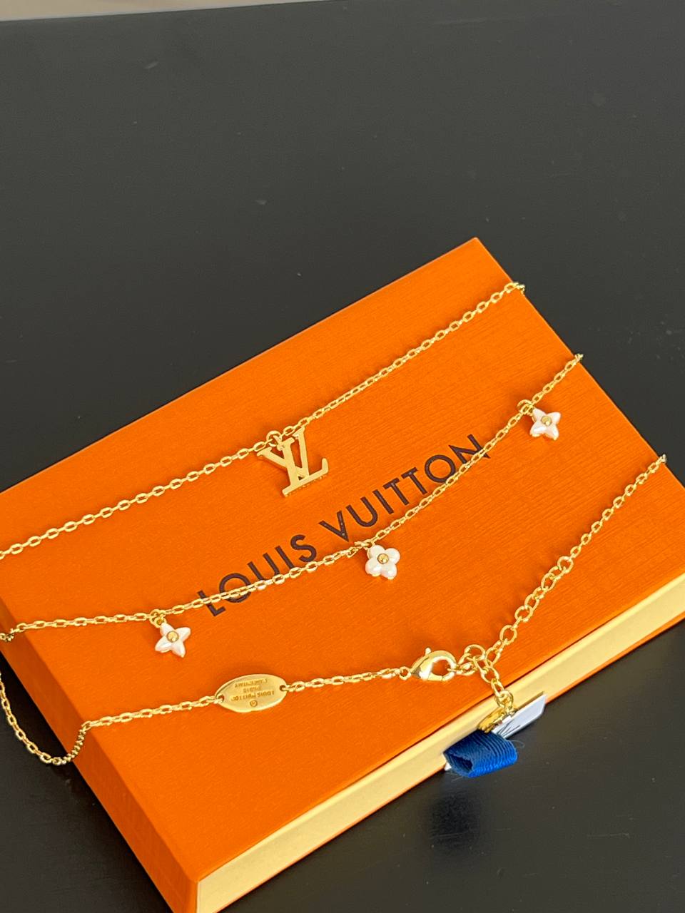 Louis Vuitton Gold Metal Triple Layer Necklace Set With LV Logo, Clover Charms & Pearl Pendant
