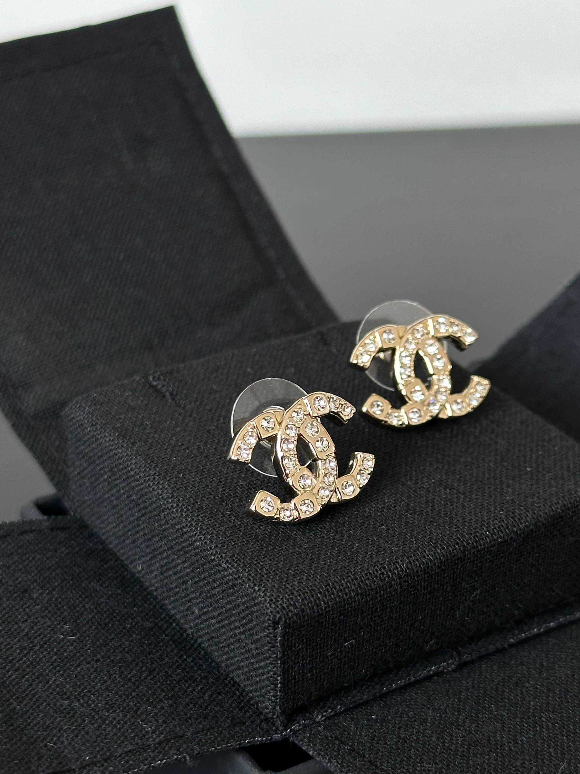 Chanel Classic Interlocking CC Crystal Stud Earrings