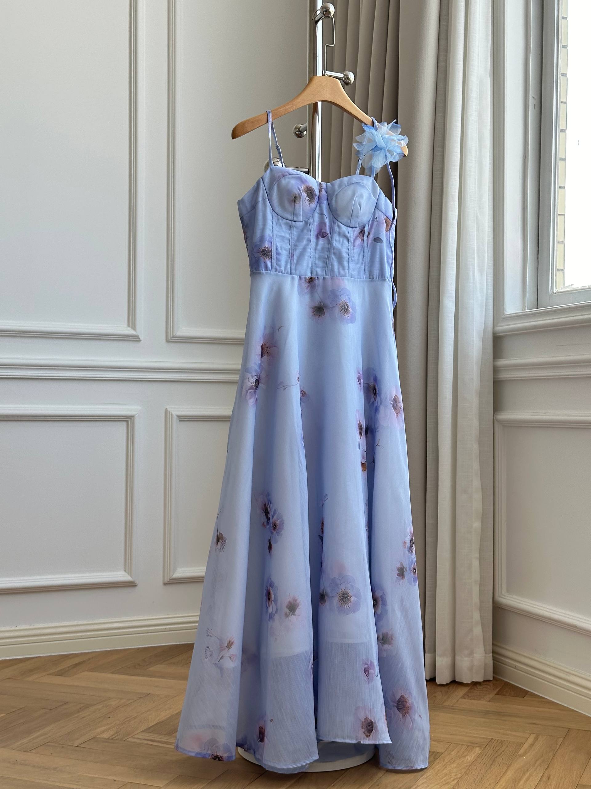 Zimmermann Hypnotic Floral Linen & Silk Bustier Midi Dress (Lavender Blue)