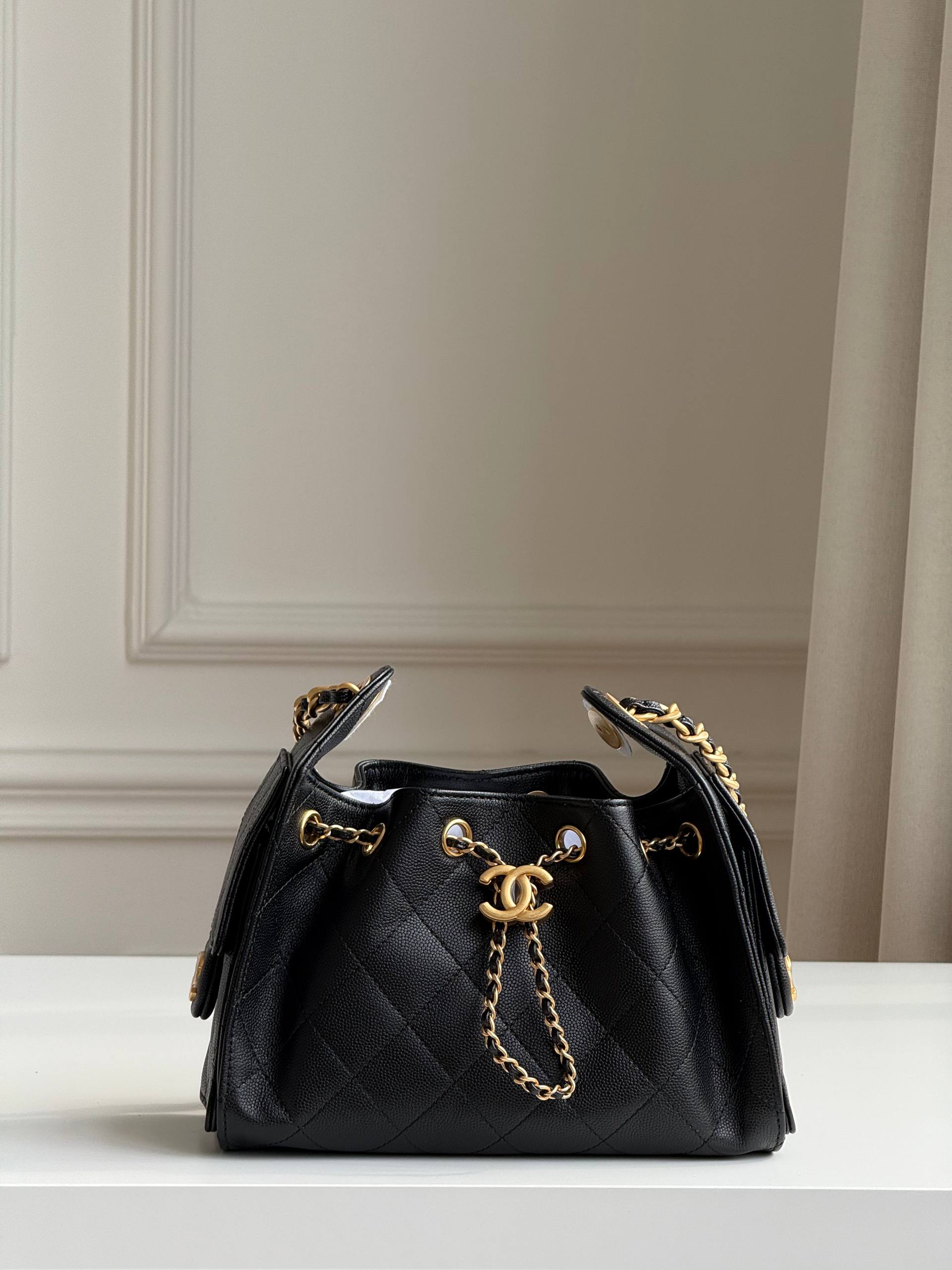 Chanel Caviar Leather Drawstring Bucket Bag with Chain Strap